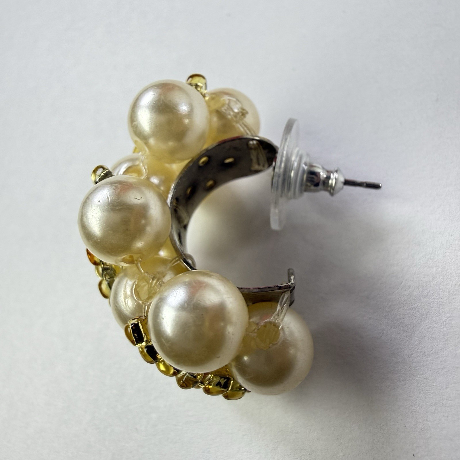 Vtg Faux Pearl Cluster Earrings Omega Back Post Ivory Gold Beaded Bridal