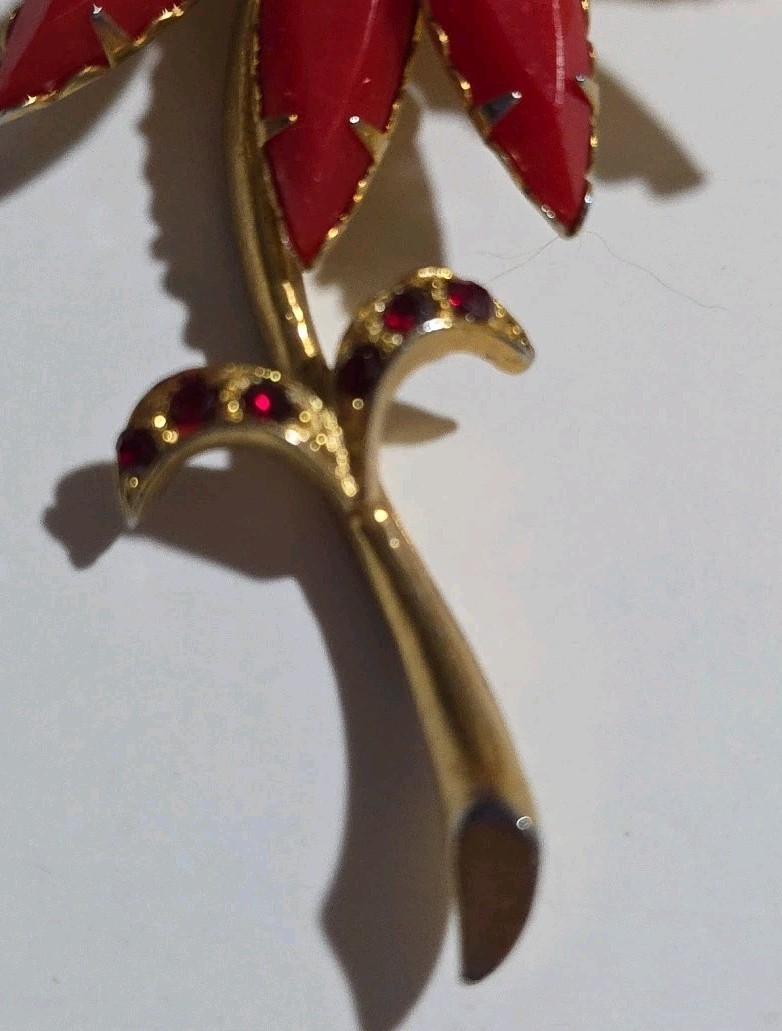 Vintage Red & Gold Lucite/Glass Flower Brooch Approximately 3-1/2 Inch