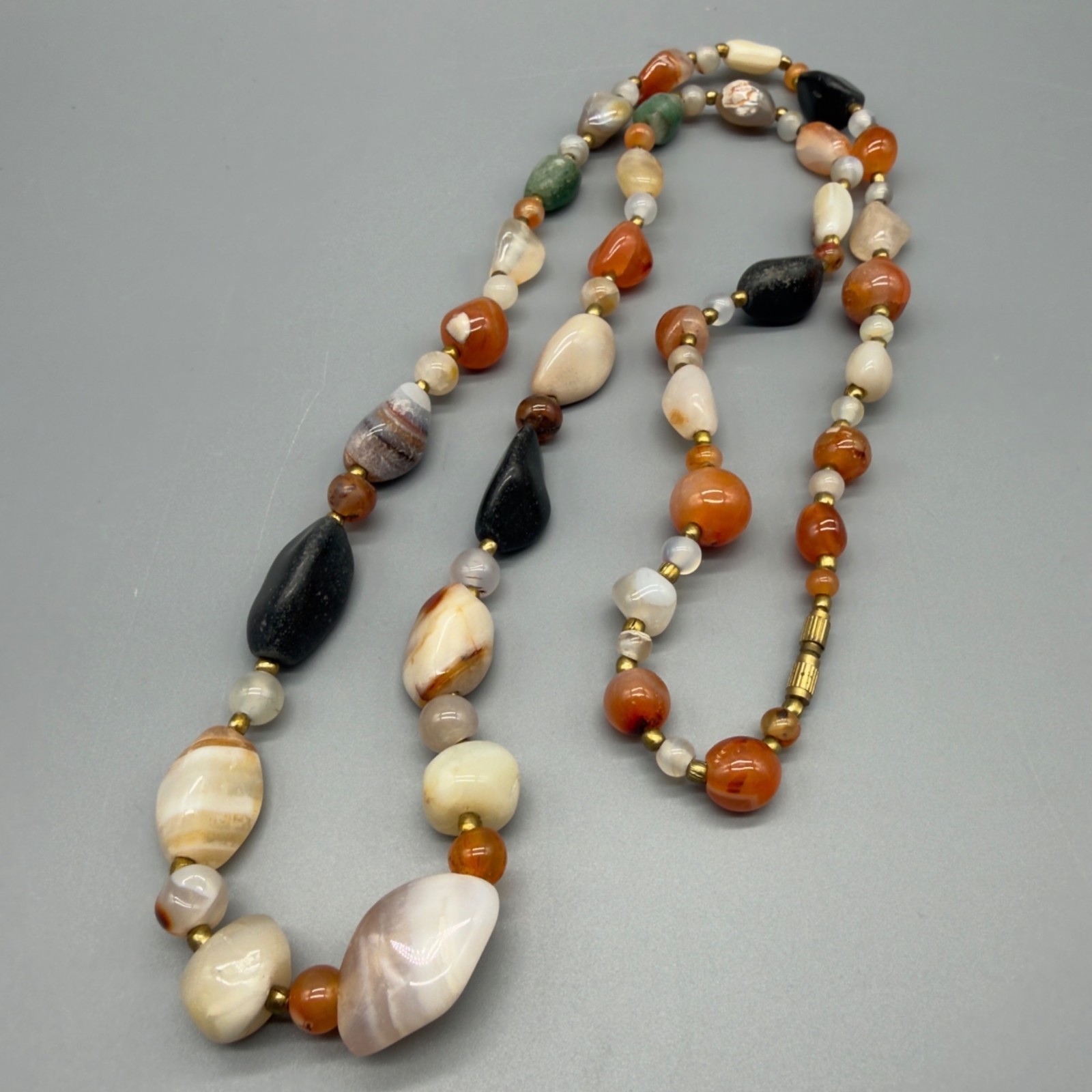 Vintage Beggars Bead Necklace Polished Stone Fall Colors Opera Length 32″