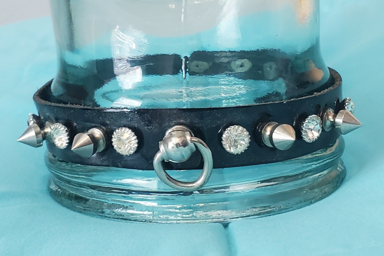 Vintage Black Patent Leather Spike Rhinestone O-Ring Choker Goth Punk
