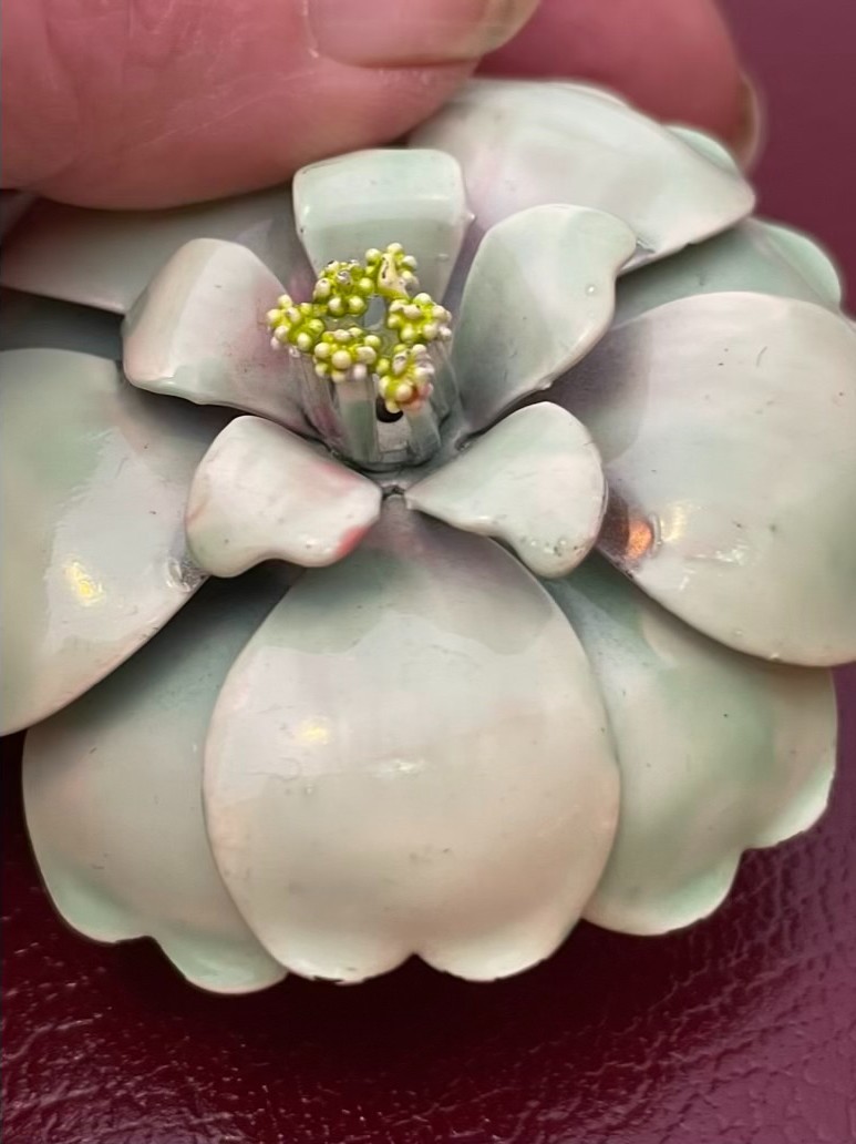 Vintage Enamel on Copper Floral Brooch Light Green 3D Poppy Flower Power 2.25″