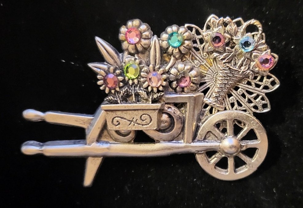 Vintage Intricate Wheelbarrow of Flowers, Pewter Tone with Rhinestones, Estate
