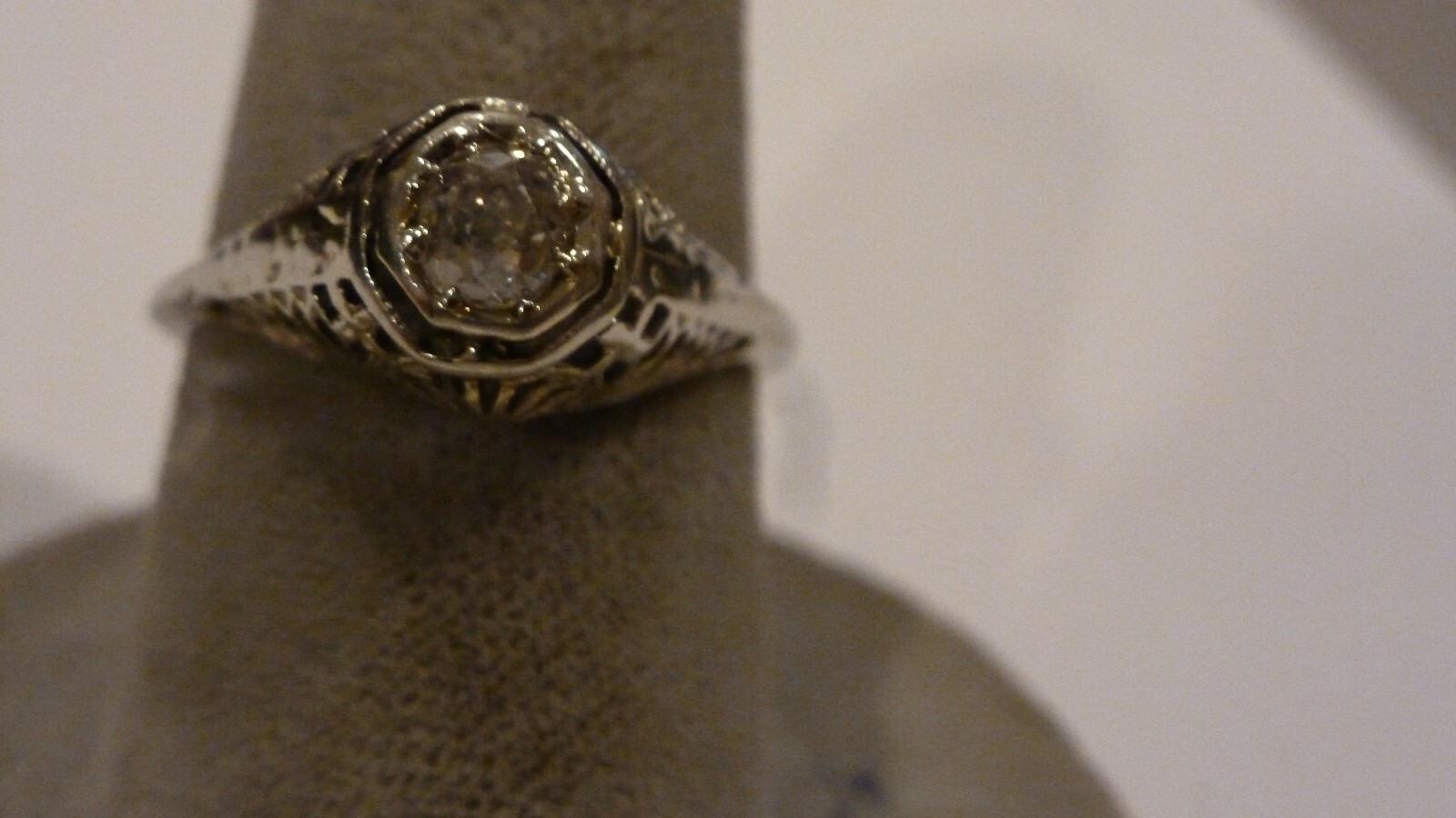 ANTIQUE LADIES 18K WHITE GOLD FILIGREE 50 PT OLD MINE CUT DIAMOND RING SZ 6 3/4