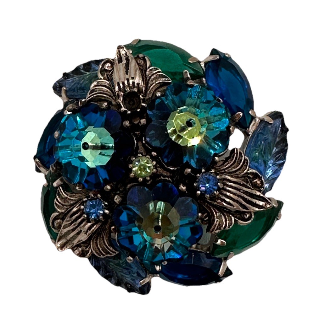 Vintage Unsigned MCM Silver Tone Blue and Green AB Rhinestone Brooch READ