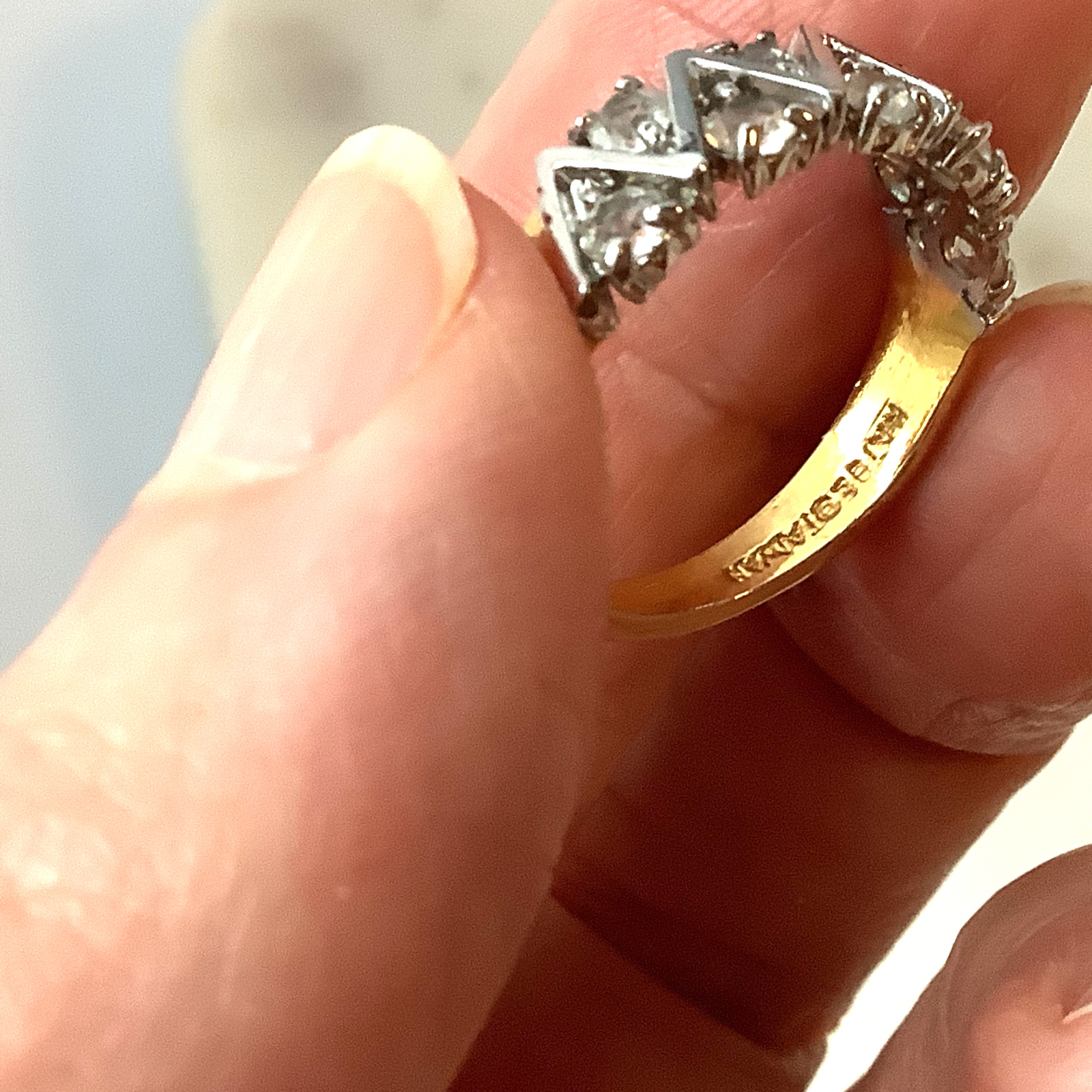 Vintage Ring 14K Gold Plated Rhinestone Triangle Round Cut Wedding Band Sz 7.25