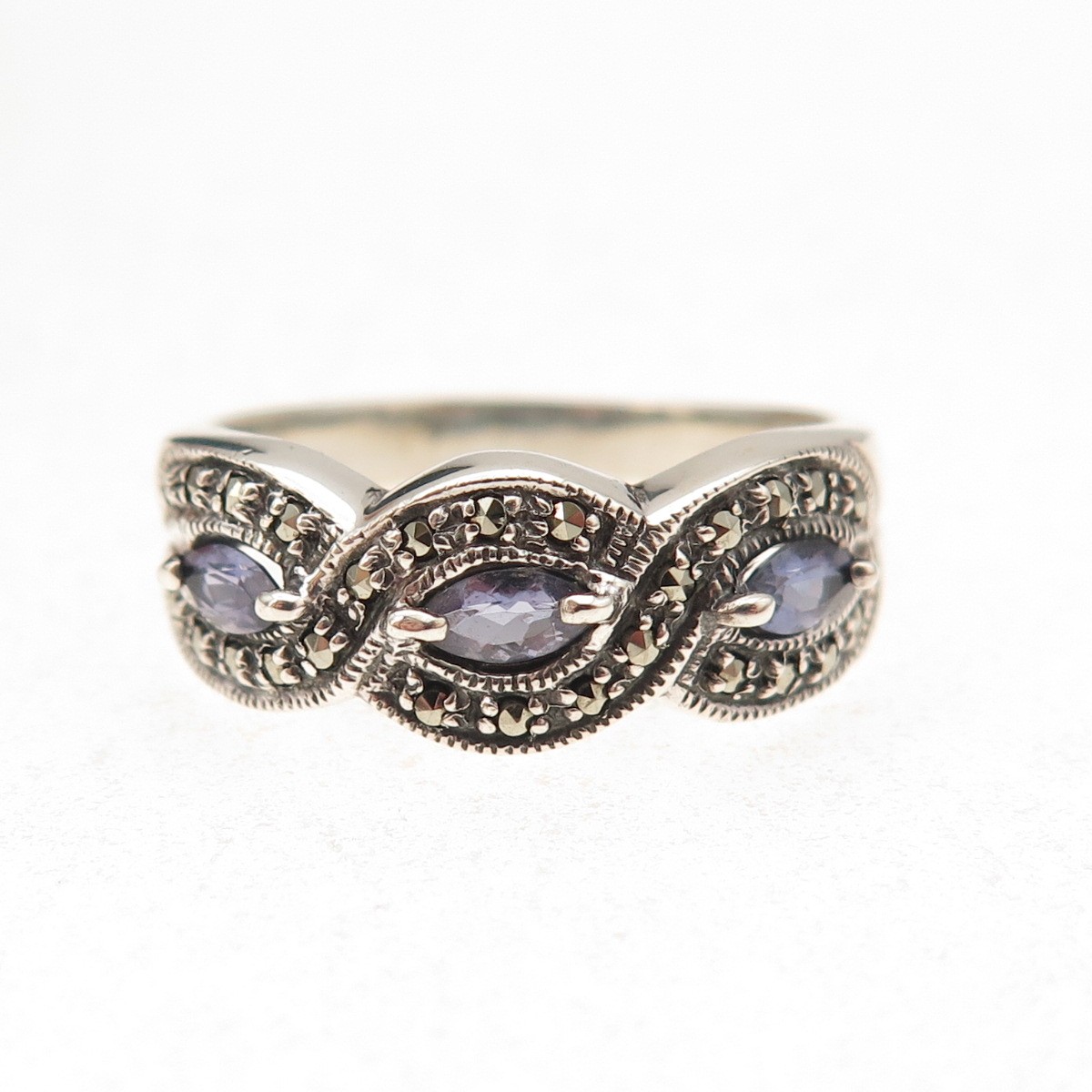 CNA Pranda Sterling Silver Vintage Real Iolite & Marcasite Oxidized Ring Size 9