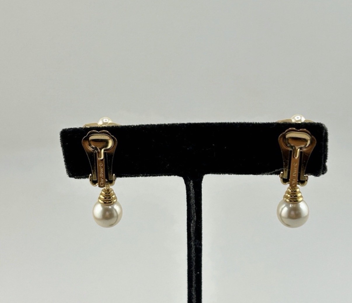 Signed Christian Dior Faux Pearl Rhinestone Gold Tone Clip On Earrings Old Stock