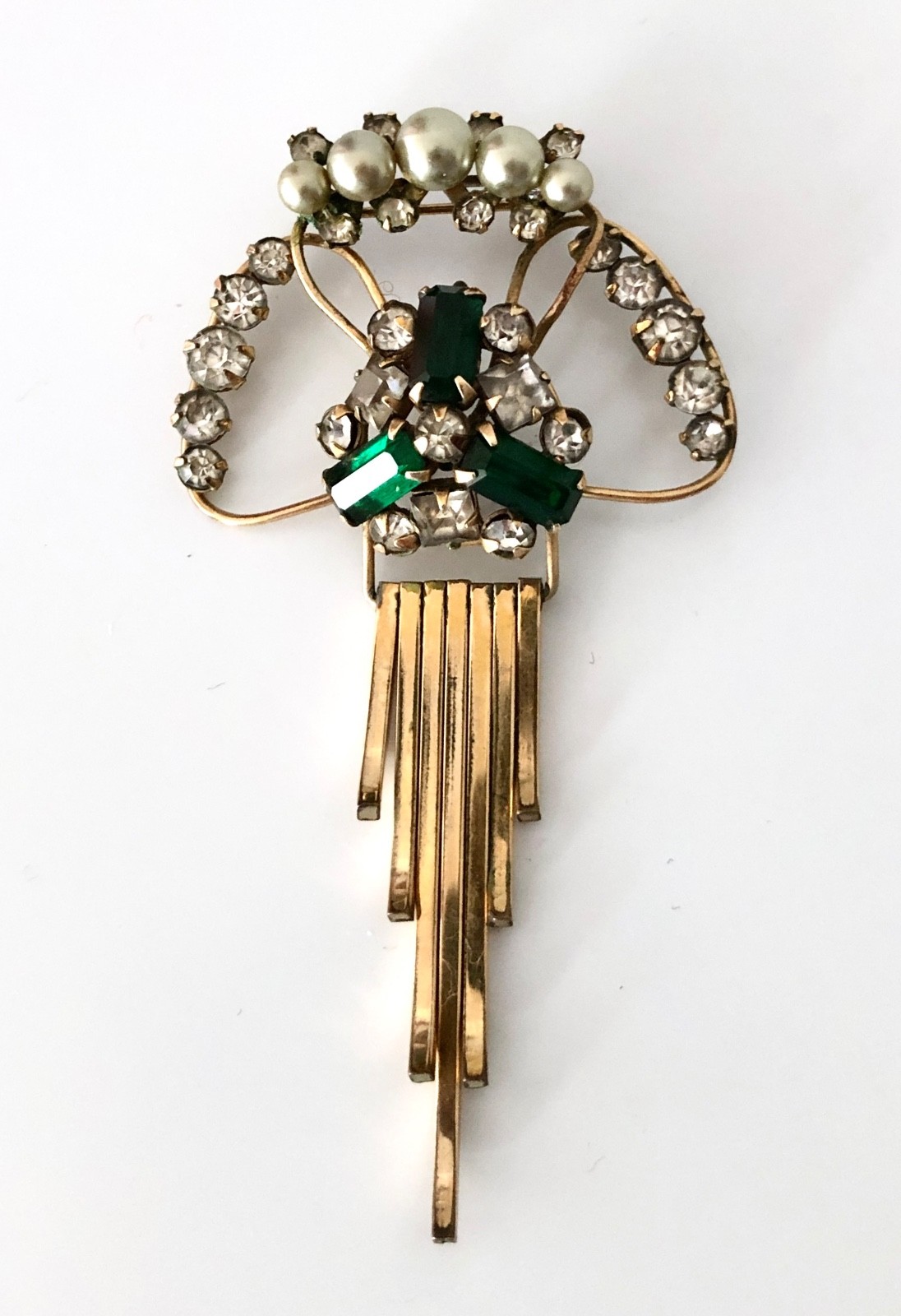 Gold Filled M&S Brooch Pendant 12KT GF Green Stones Prong Set Art Deco Vintage