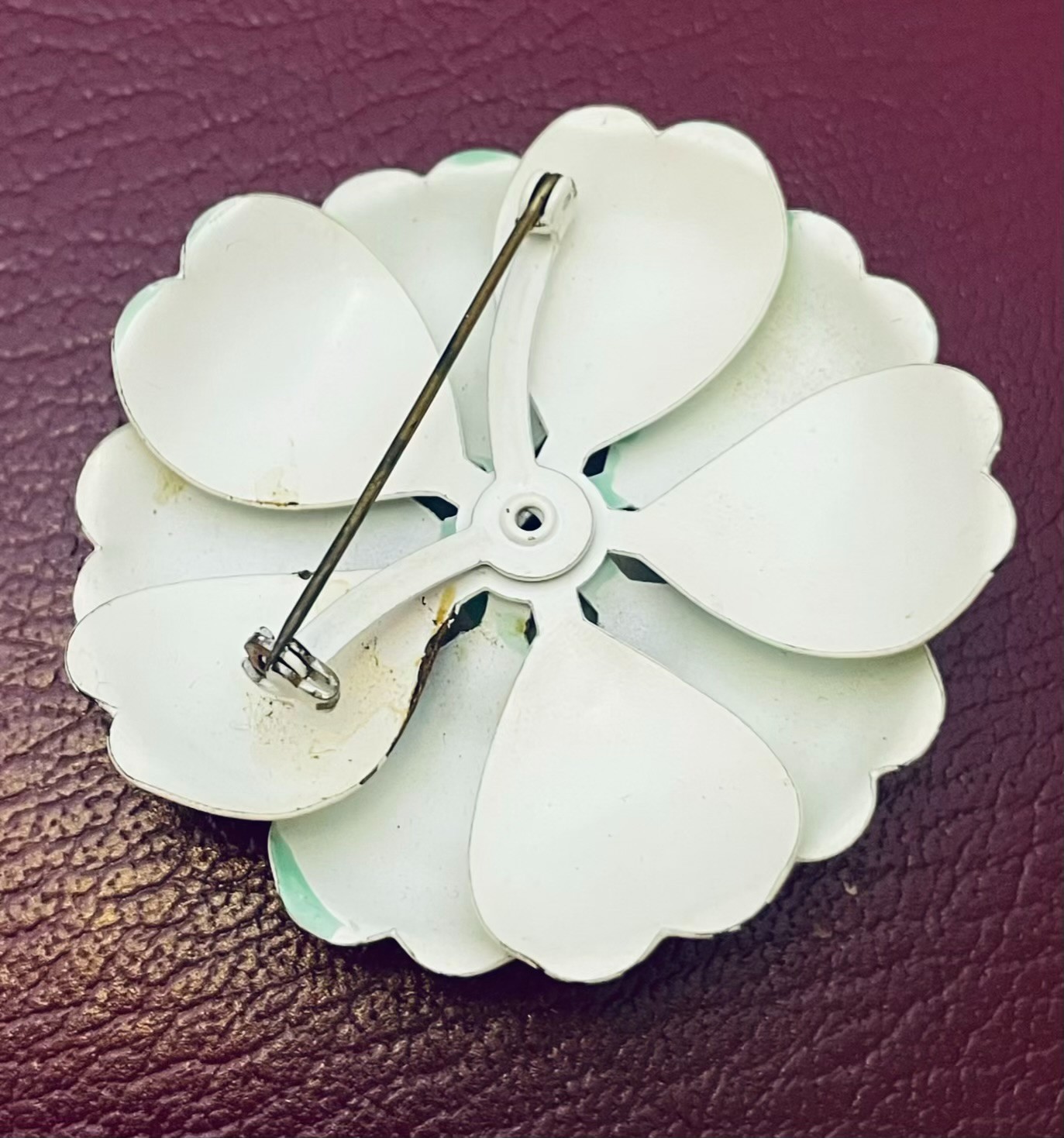 Vintage Enamel on Copper Floral Brooch Light Green 3D Poppy Flower Power 2.25″