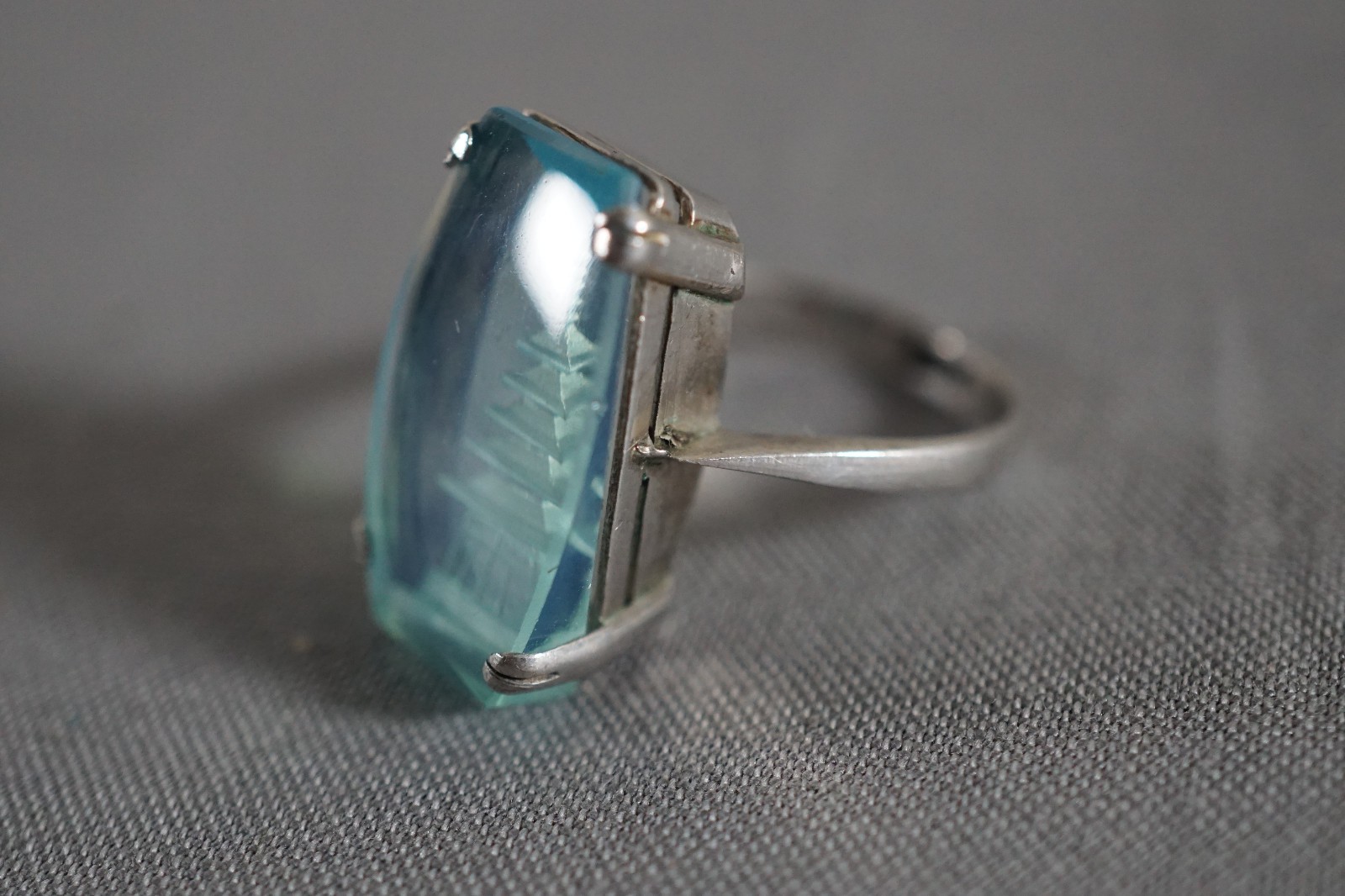 Vintage Blue Reverse-Carved Asian Temple Buildings Sterling Ring