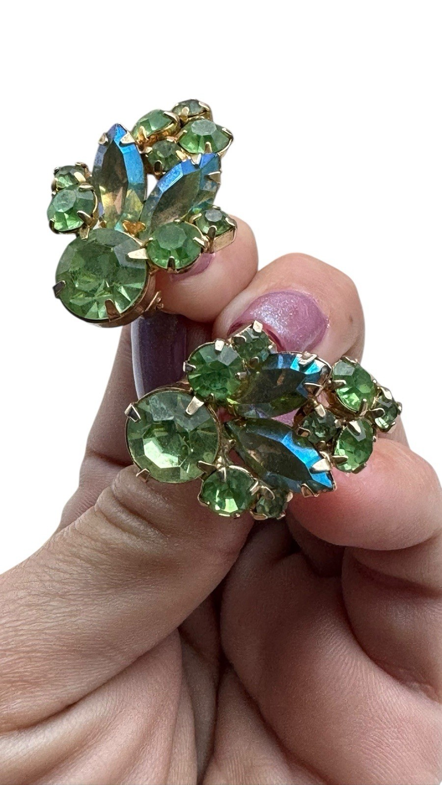 VTG Robert La Roco Green/Blue Rhinestone Clip earrings Gold Tone Fashion Bug