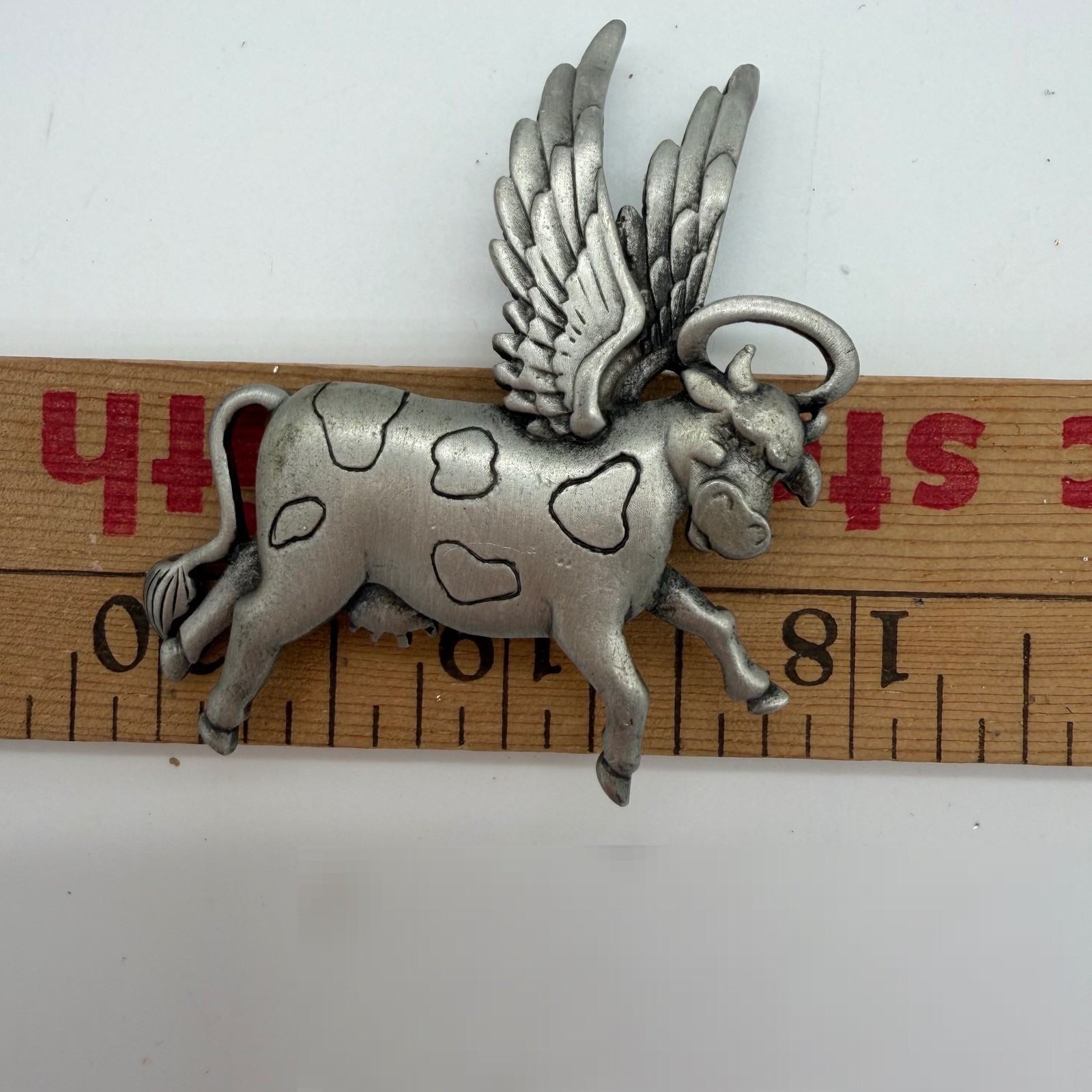 Brooch Flying Cow Signed JJ Vintage Pin Angel Wings & Halo Gold Tone