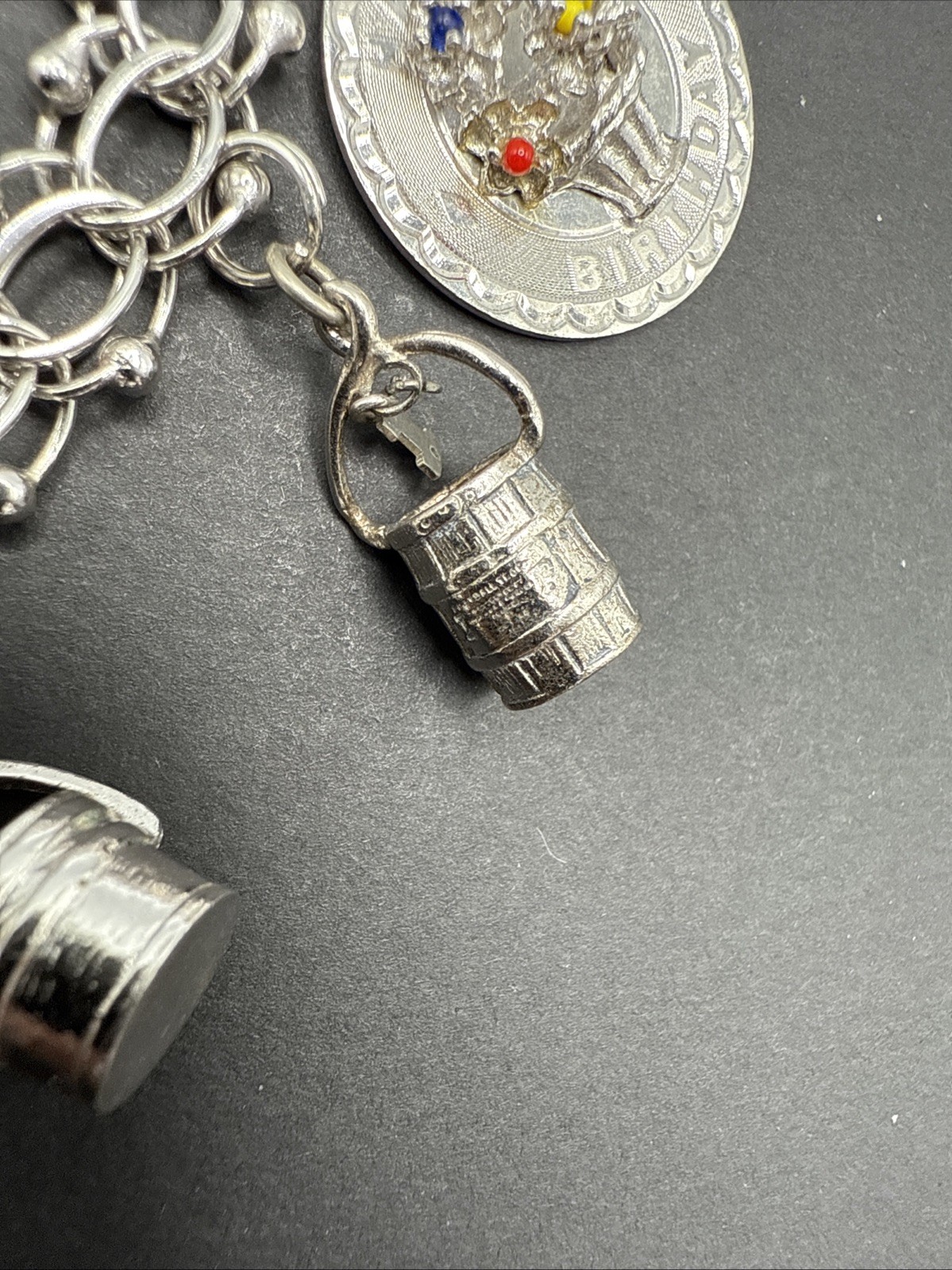 VINTAGE STERLING SILVER CHARM BRACELET Champagne Hat Barrel Grad 32 G 7” J13
