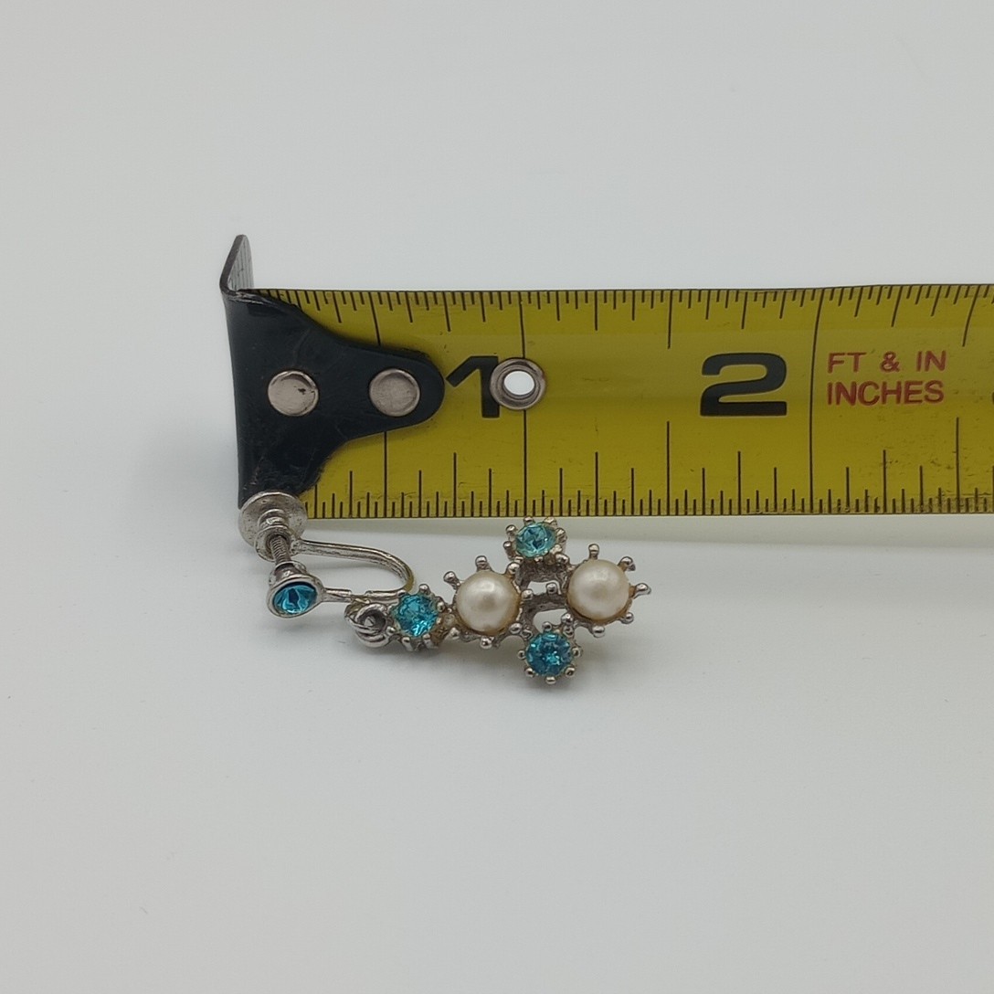 Vintage Light Blue Green Rhinestone and Pearl Screw on Drop Earrings Estate