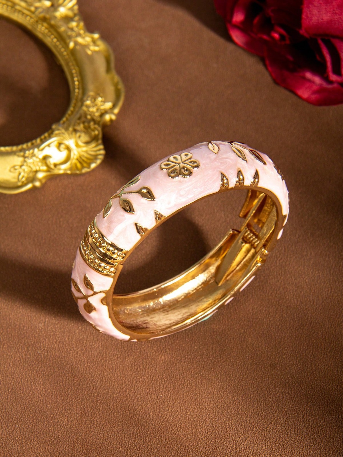 Pink Vintage Floral Enamel Bangle With Gold Detailing For Daily Party