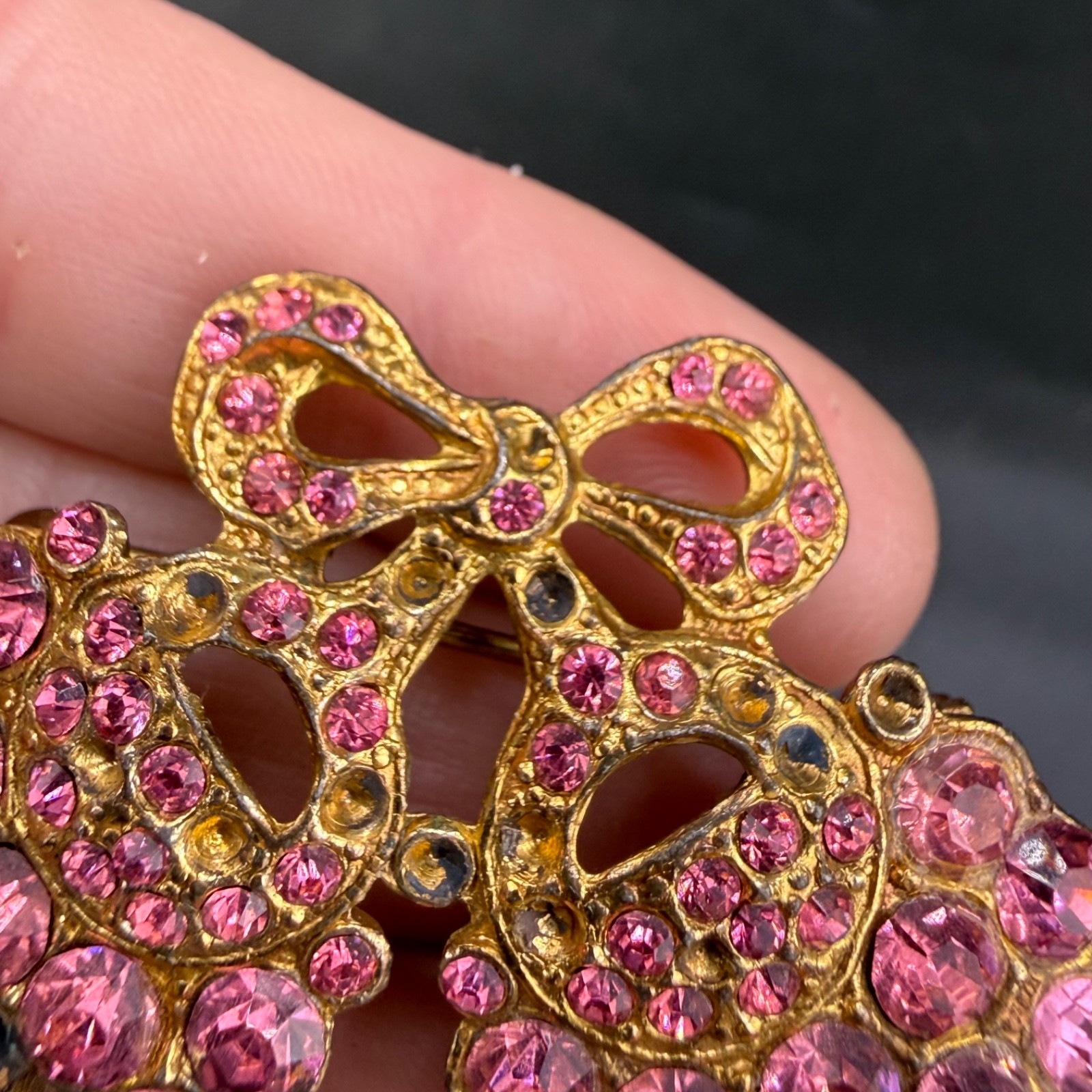 Vintage Pot Metal Rhinestone Brooch Pink Grapes Flowers Bow Gold Tone READ