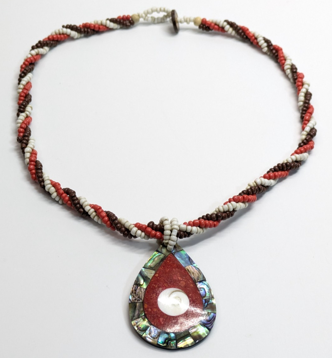 VTG Red White Brown Twisted Beaded 18.5″ Necklace Abalone Shell Inlay Boho