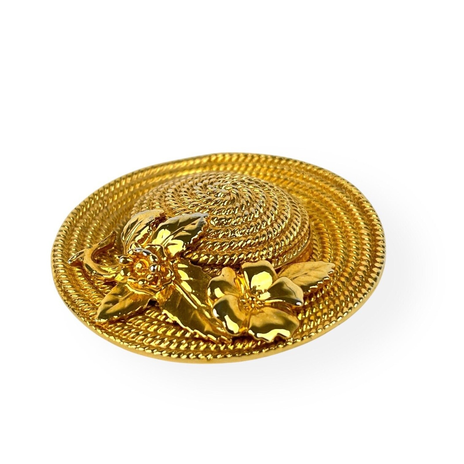 Brooch Sun Hat Gold Tone Pin Textured Shiny Spring Garden Flowers Fashion Vtg