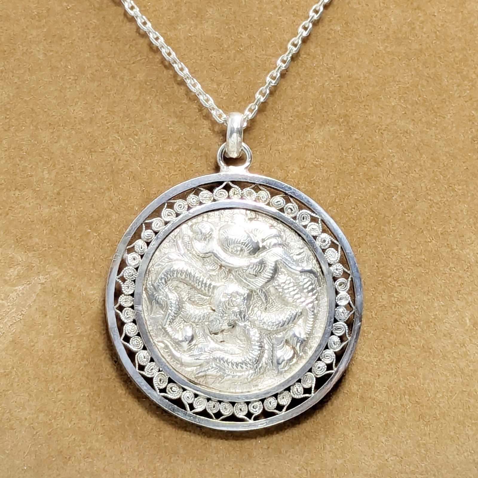 Vintage Antique Chinese 900 Silver Dragon Filigree Pendant Necklace Happiness