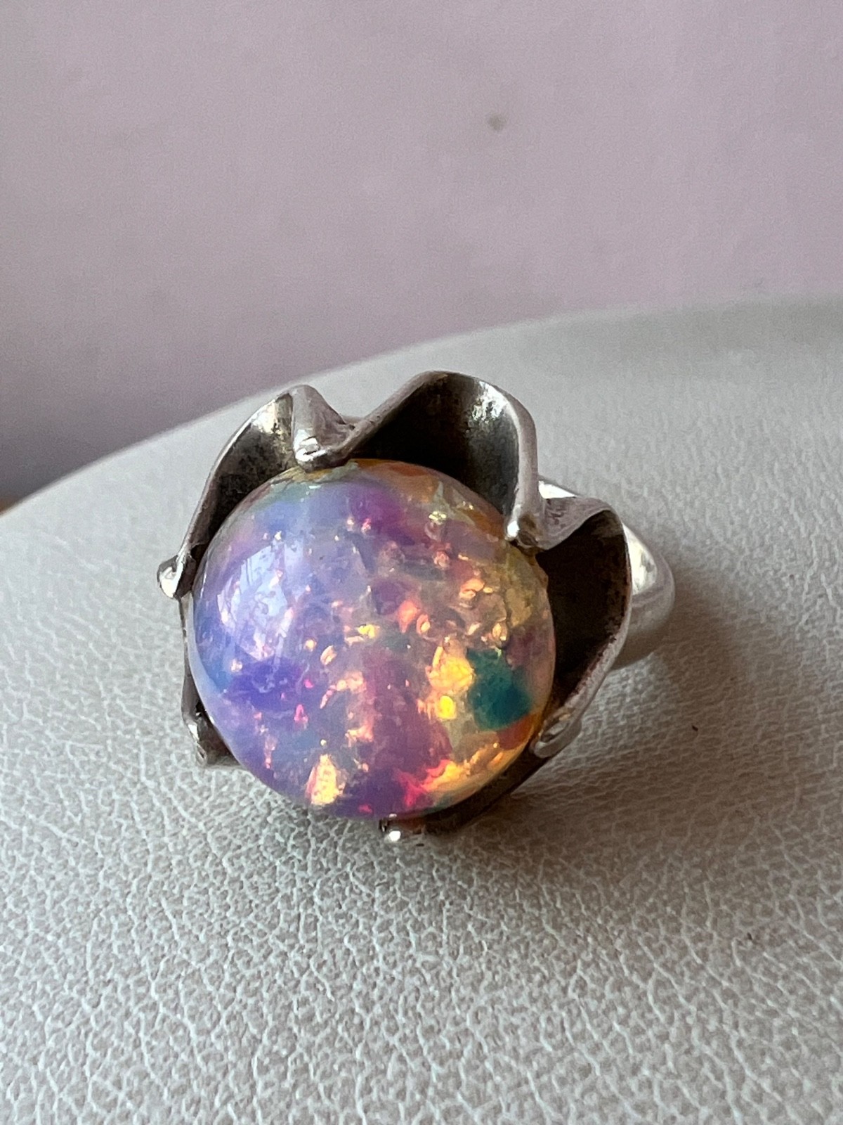 VINTAGE LARGE ROUND CABOCHON FAUX RAINBOW OPAL RING 925 STERLING SLVER MEXICO