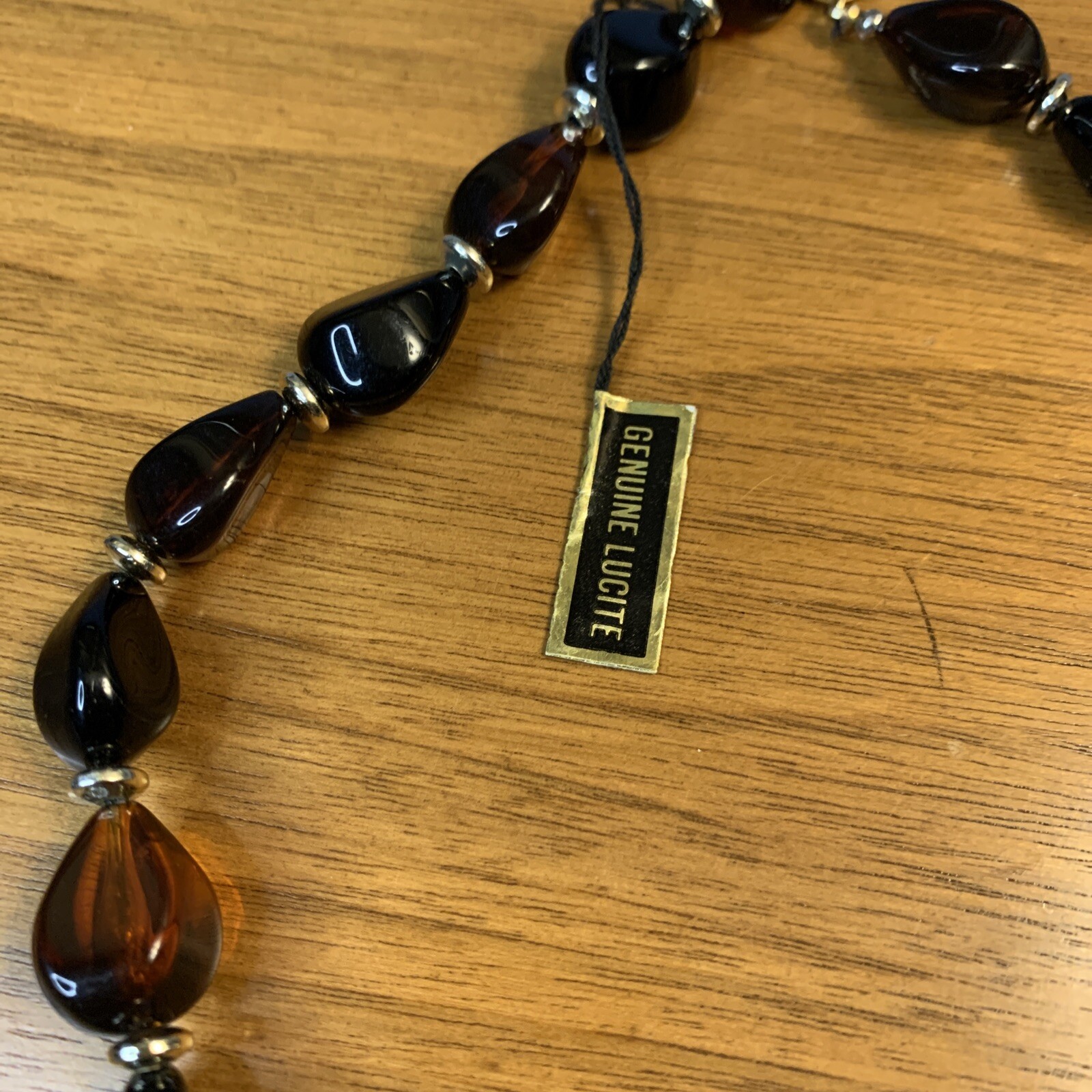 Vintage goldtone Genuine Lucite made in Hong Kong Black Brown beaded 18”necklace