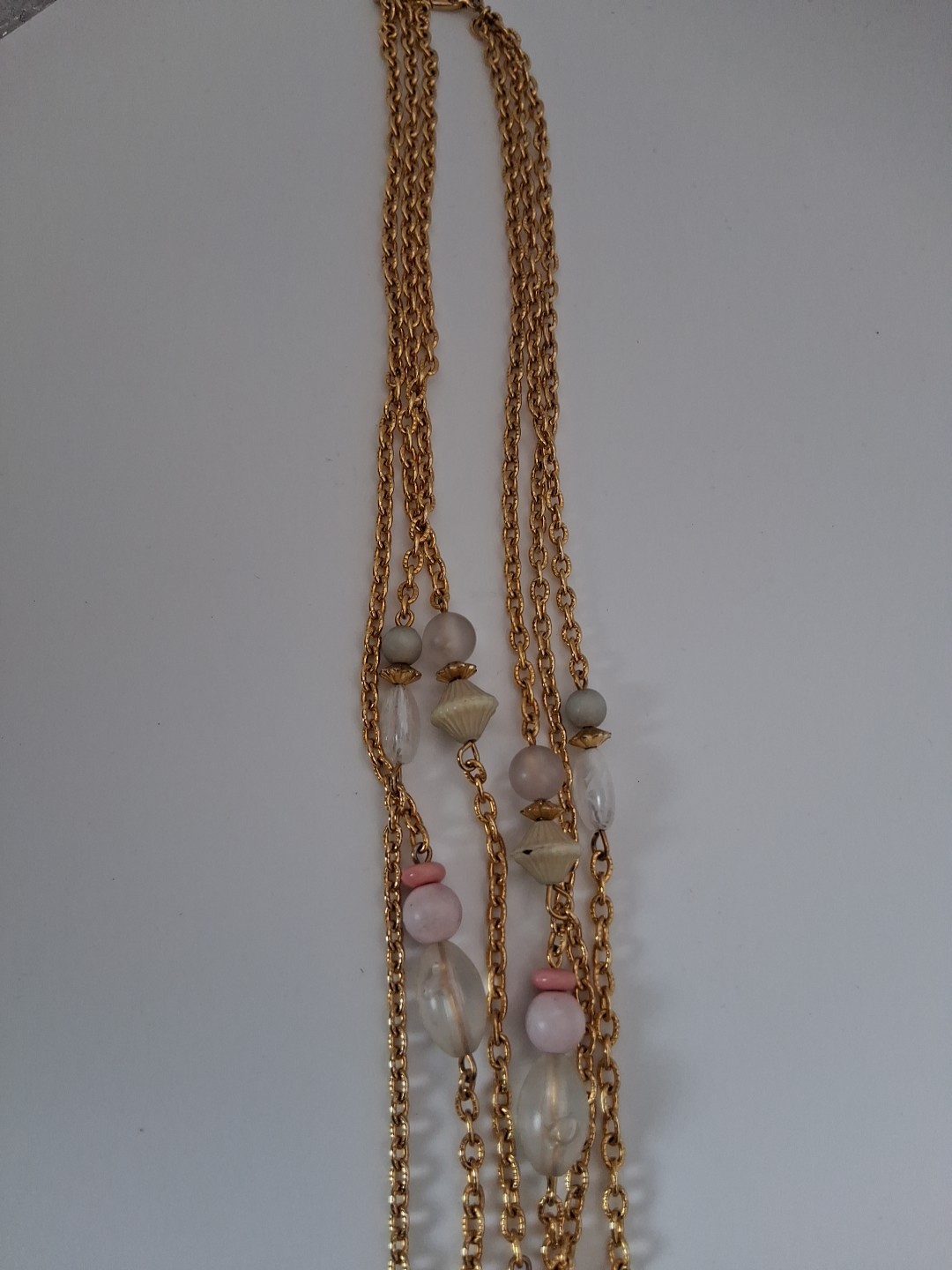 VTG Goldtone 3 Strand Multi color Beads Muted Pink Green Blue Clear Necklace 32″
