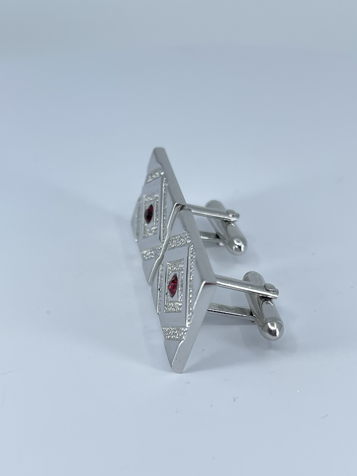 Swank rectangle cufflinks red rhinestone brushed polished silver tone