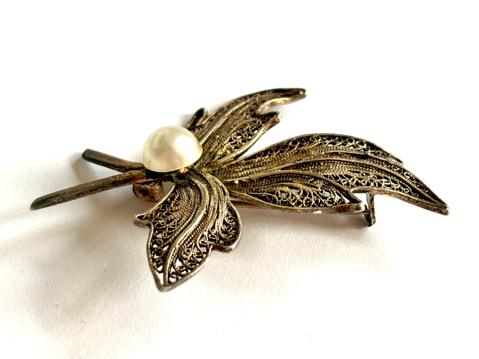 Antique Cannetille Sterling Silver Brooch Faux Pearl Leaf Filigree Pin