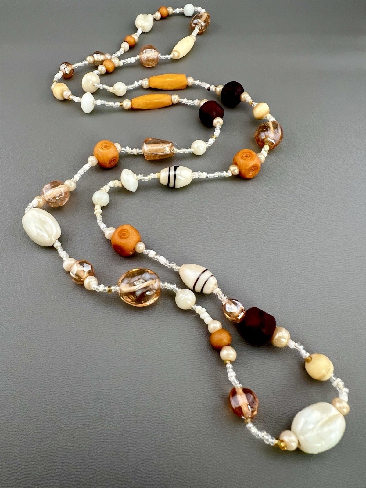 Vintage Necklace Art Glass Beaded Cream Orange White Brown 37”