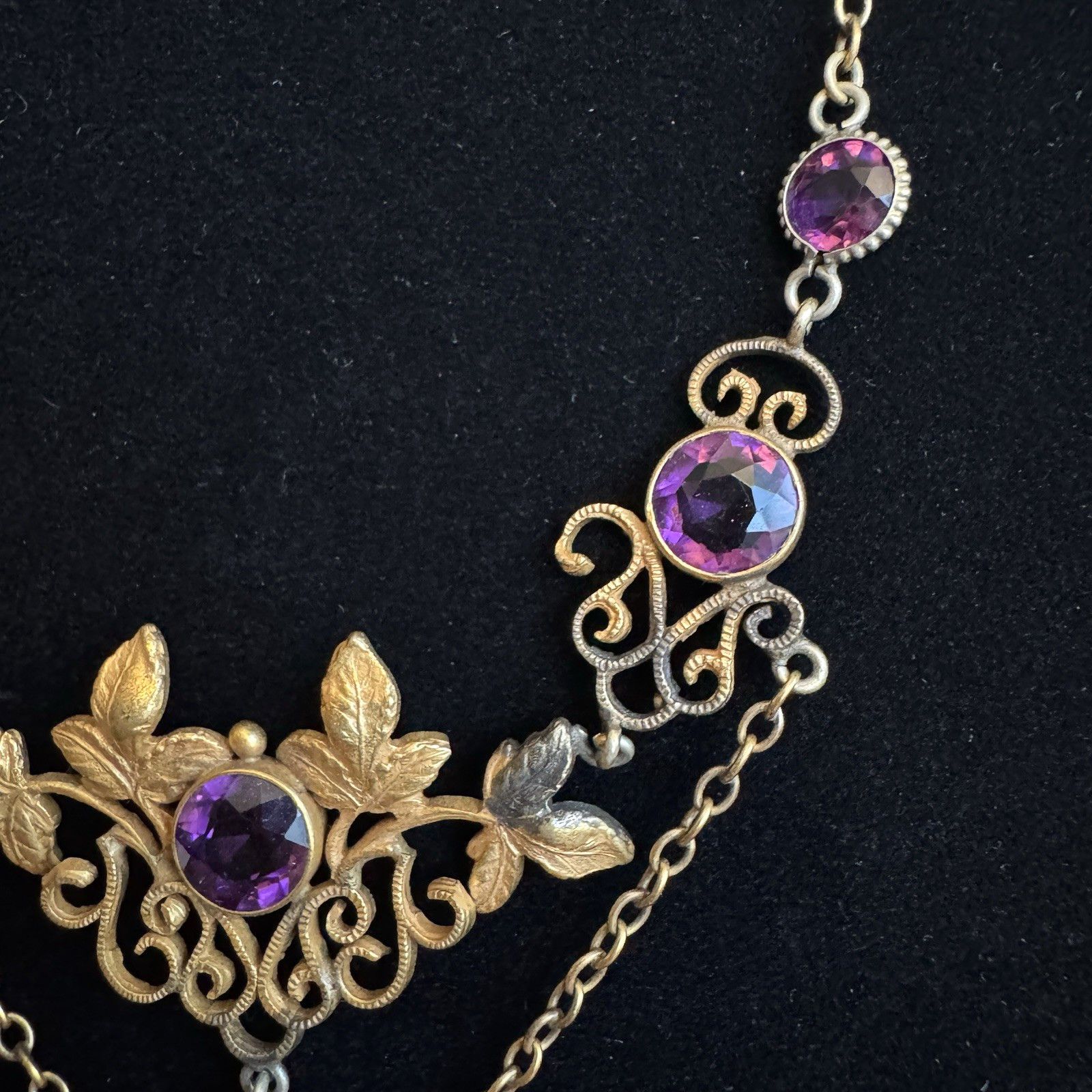 Vintage 12K GF Art Nouveau Revival Festoon Necklace Purple Glass Ivy Leaves