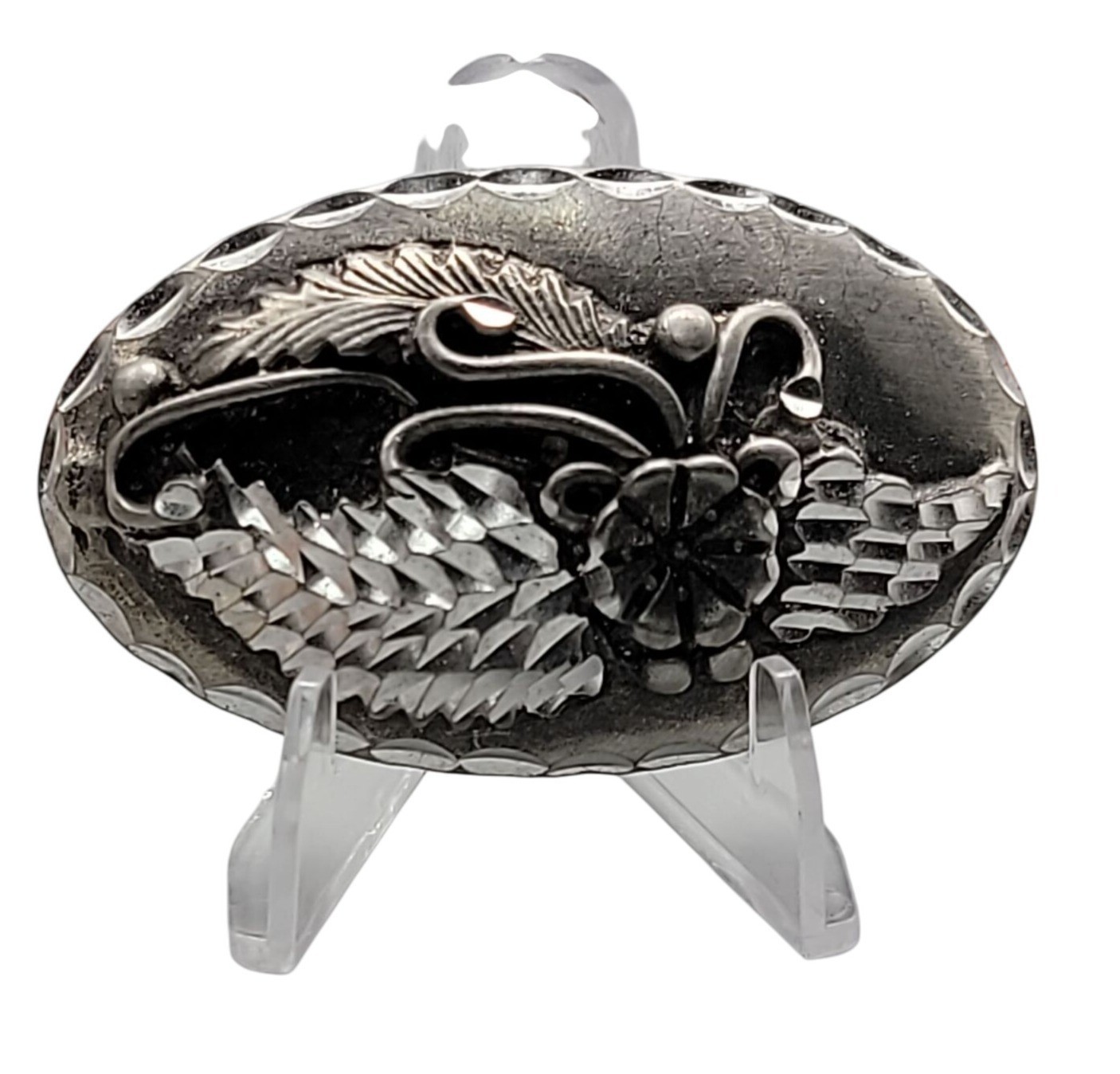 Vtg Oval Floral Feather Brooch Silver Plated Unmarked South Western Design