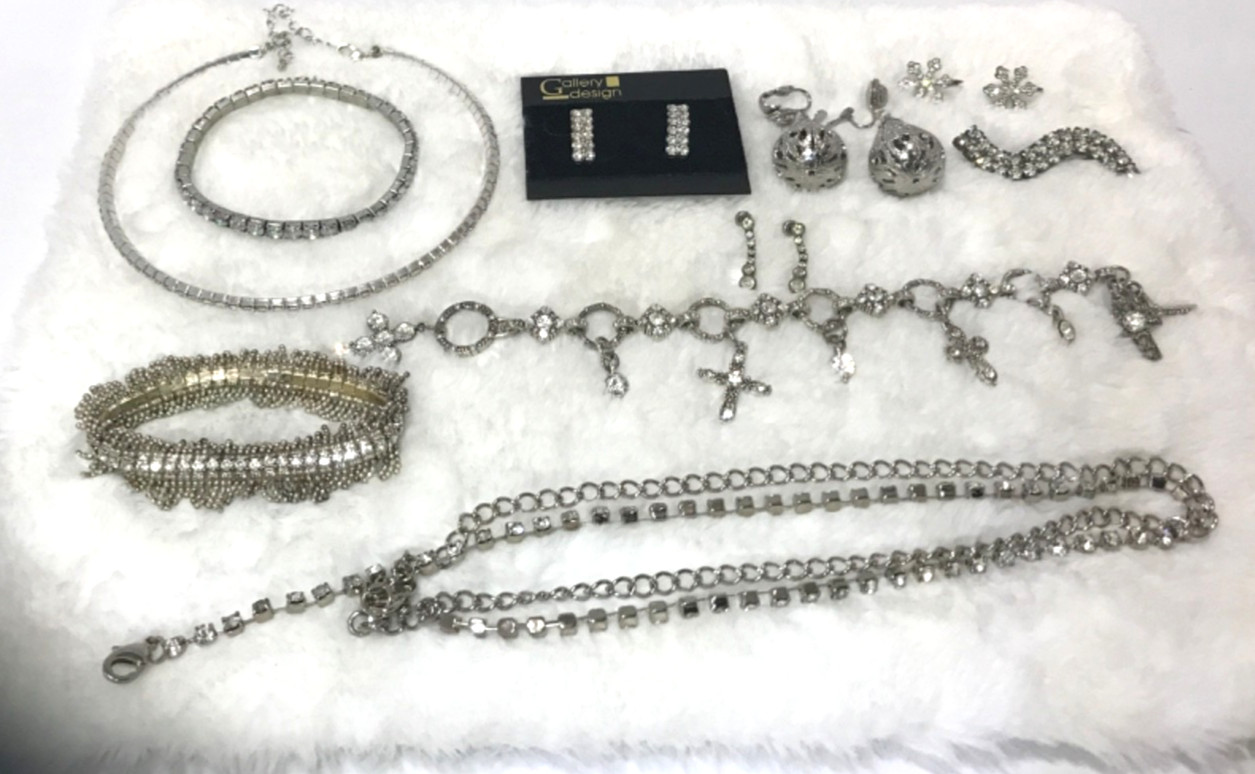 Vintage Lot Wearable Rhinestone Jewelry Belt Necklace Earrings Pin Bracelet