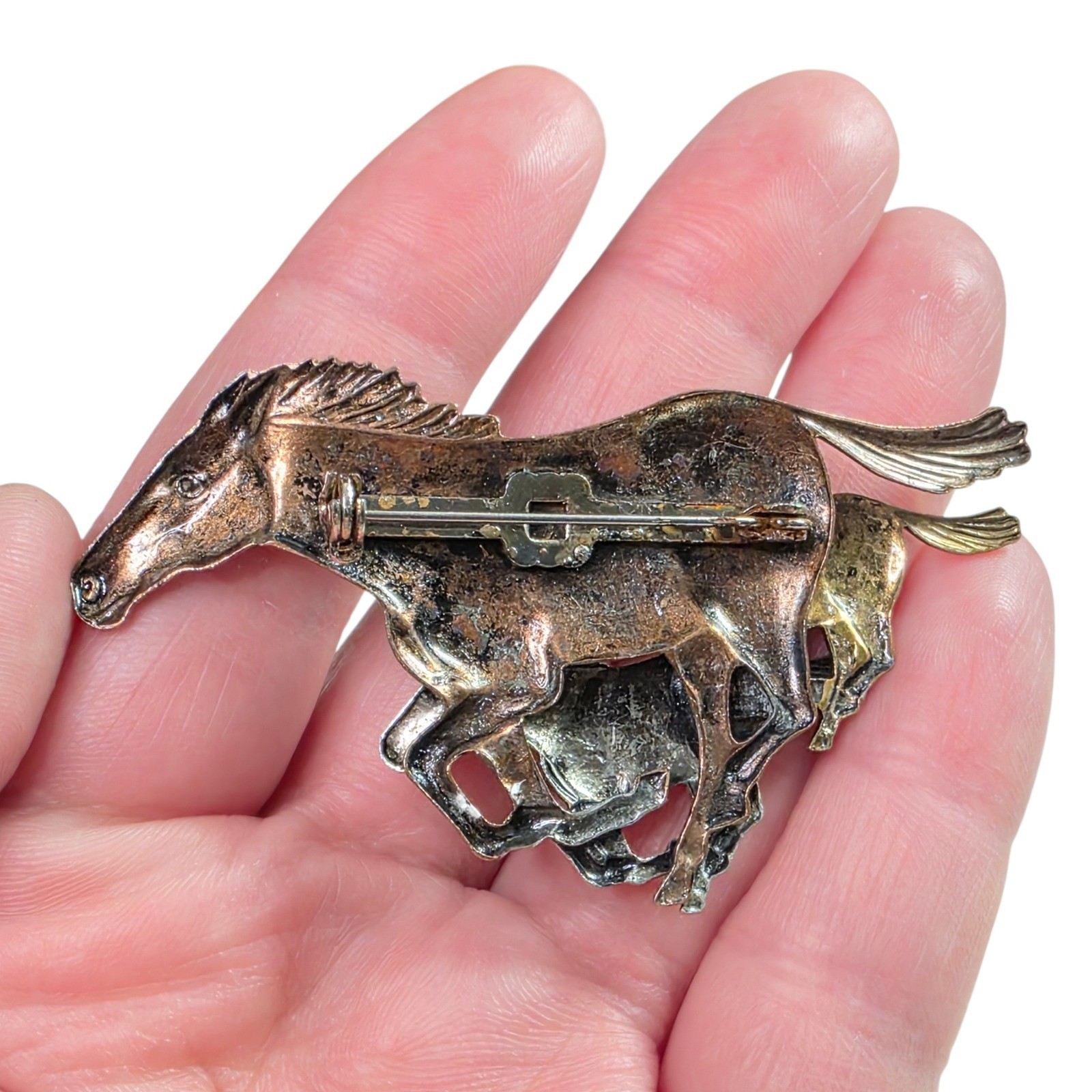 Vintage Tri Metal Running Horses Brooch Pin Equestrian Boho Southwestern