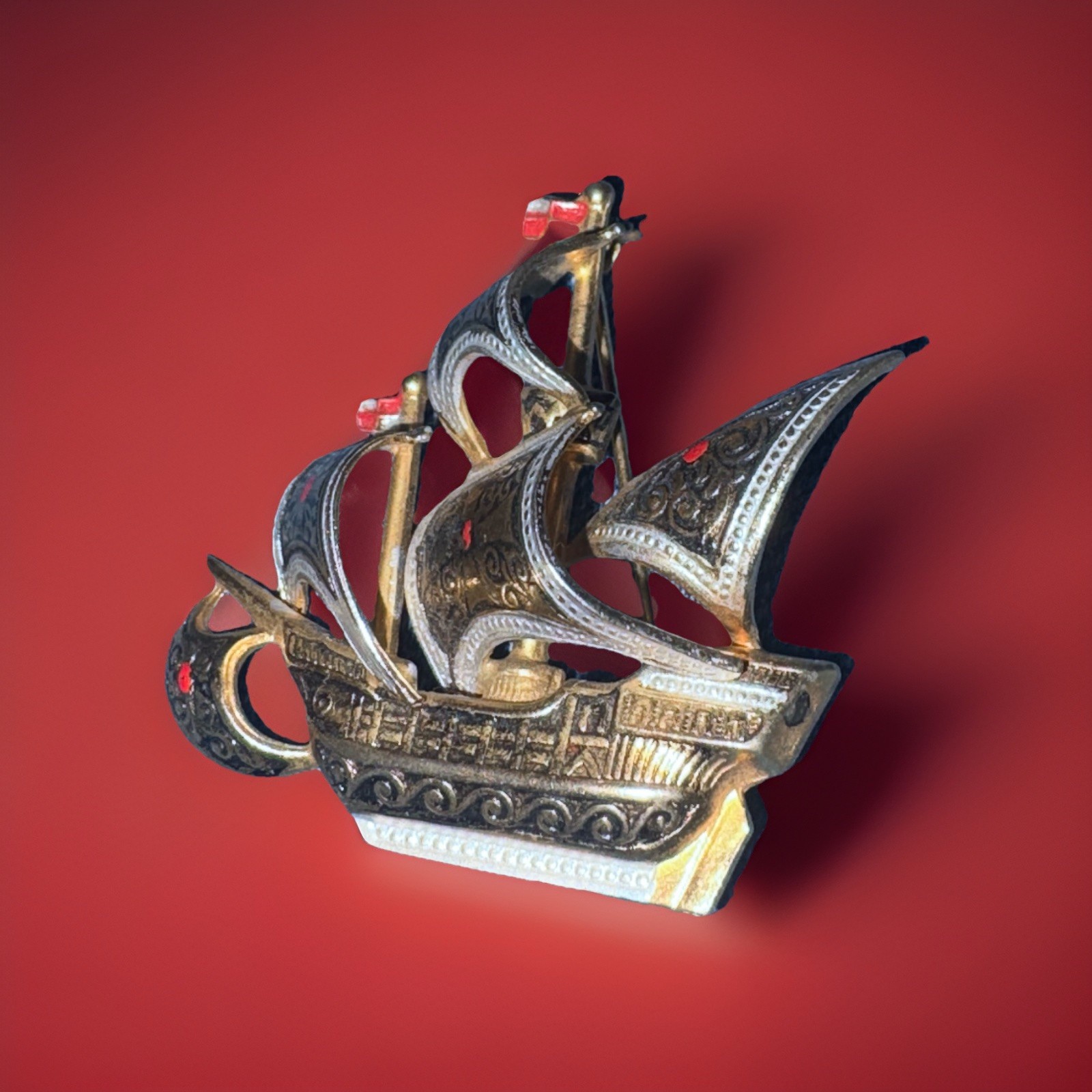 Vintage Spanish Damascene Galleon Ship Brooch Pin 1950s 1960s Toledoware Spain