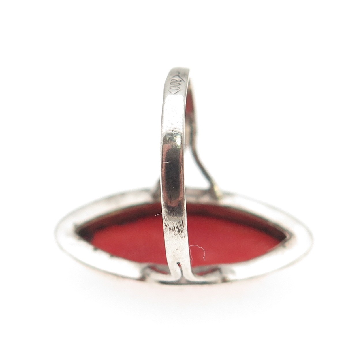 800 Silver Antique Art Deco Real Coral Marcasite Ring Size 6.75 (missing stone)
