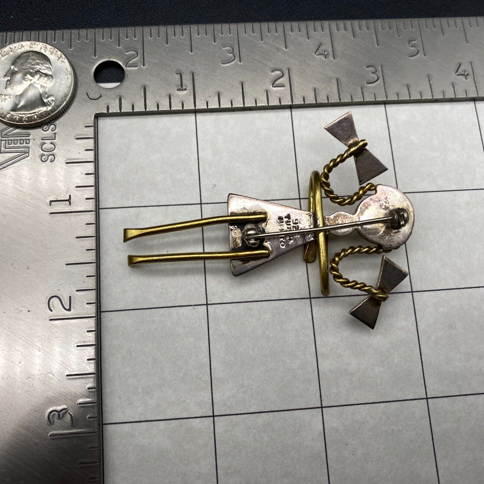 Vintage Mexico Girl Bow Knot Mixed Metal Sterling Silver Brass Pin Brooch