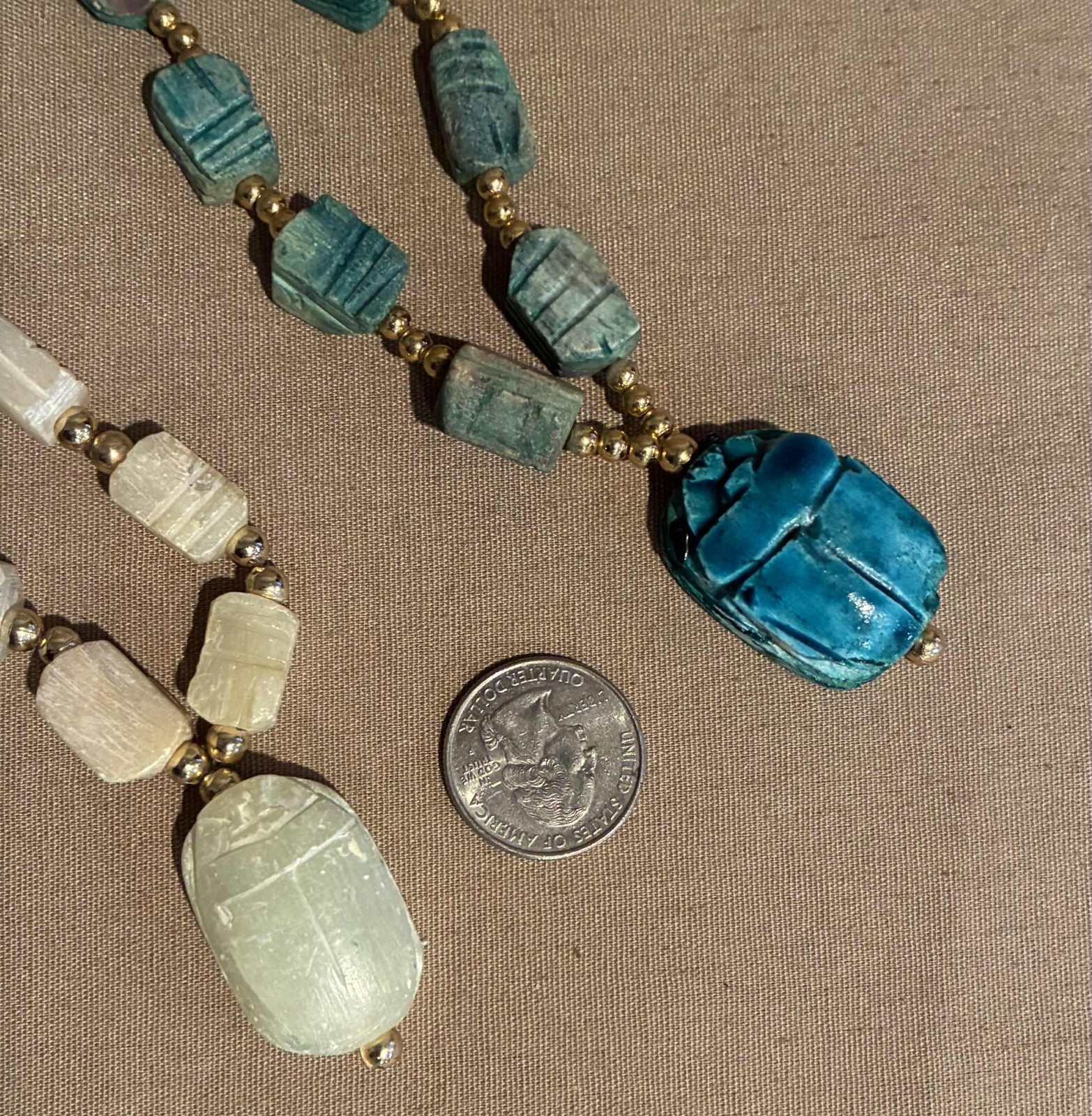 2 Vintage Egyptian Revival Scarab Necklaces Carved Soap Stone Or Ceramic Or Wood