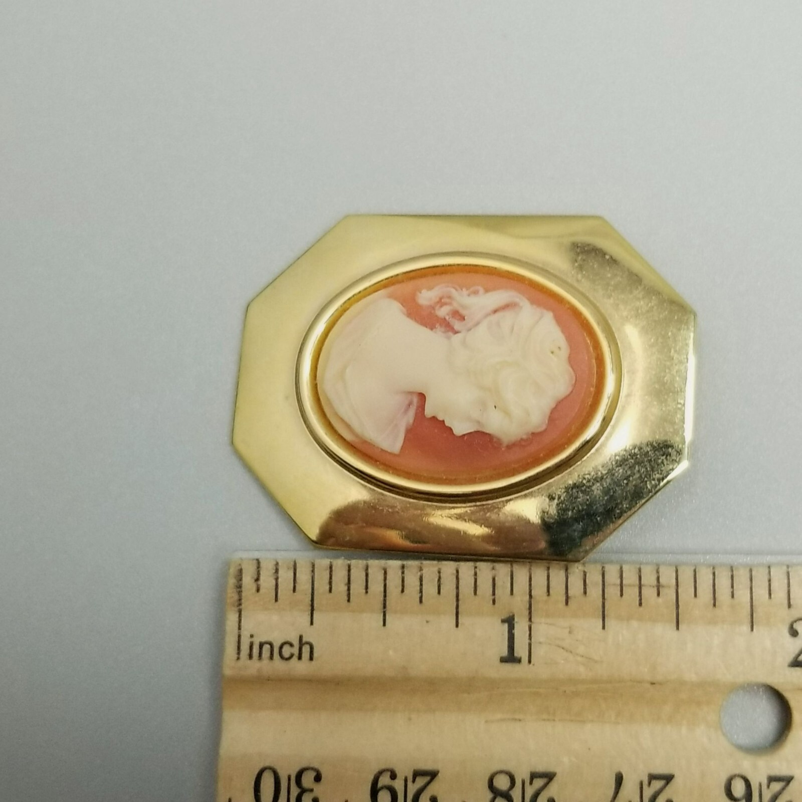 Vintage Cameo Brooch Pendant Gold Tone Frame Orange Cream Color Portrait
