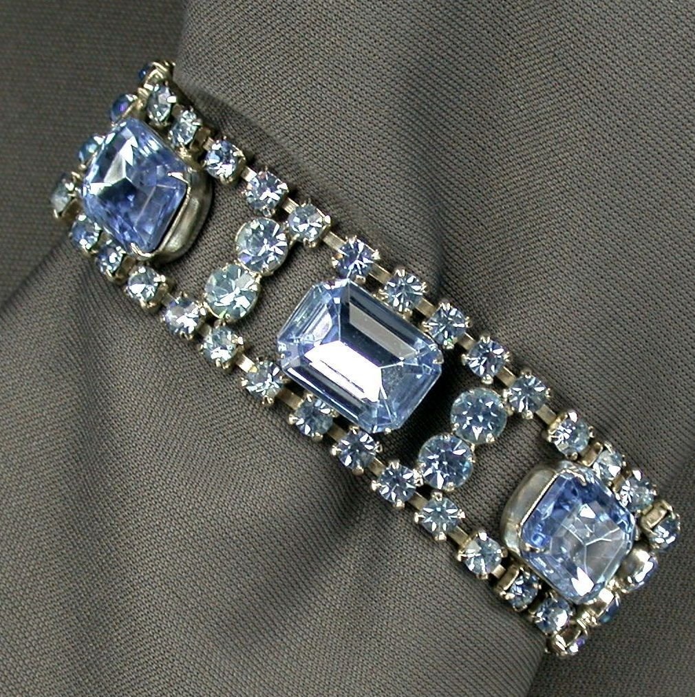 Blue Rhinestone Bracelet Large Emerald Cut Stones