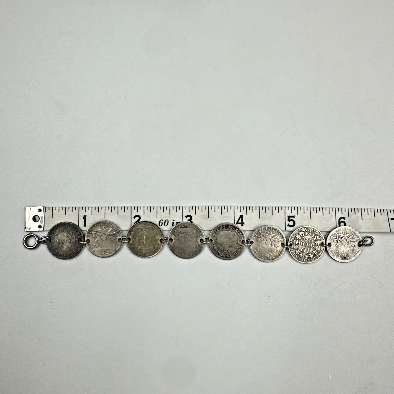 Antique Multinational Coin Link Silver Bracelet Years 1853 – 1903 19g Sz 6.25