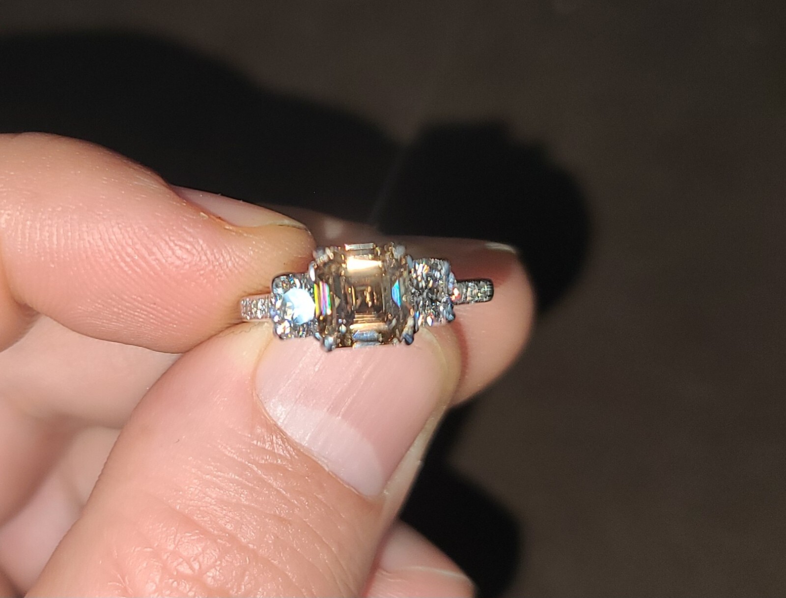 14k White Gold Vintage Engagement Ring 2.06ct. Champagne Diamond Asscher Cut