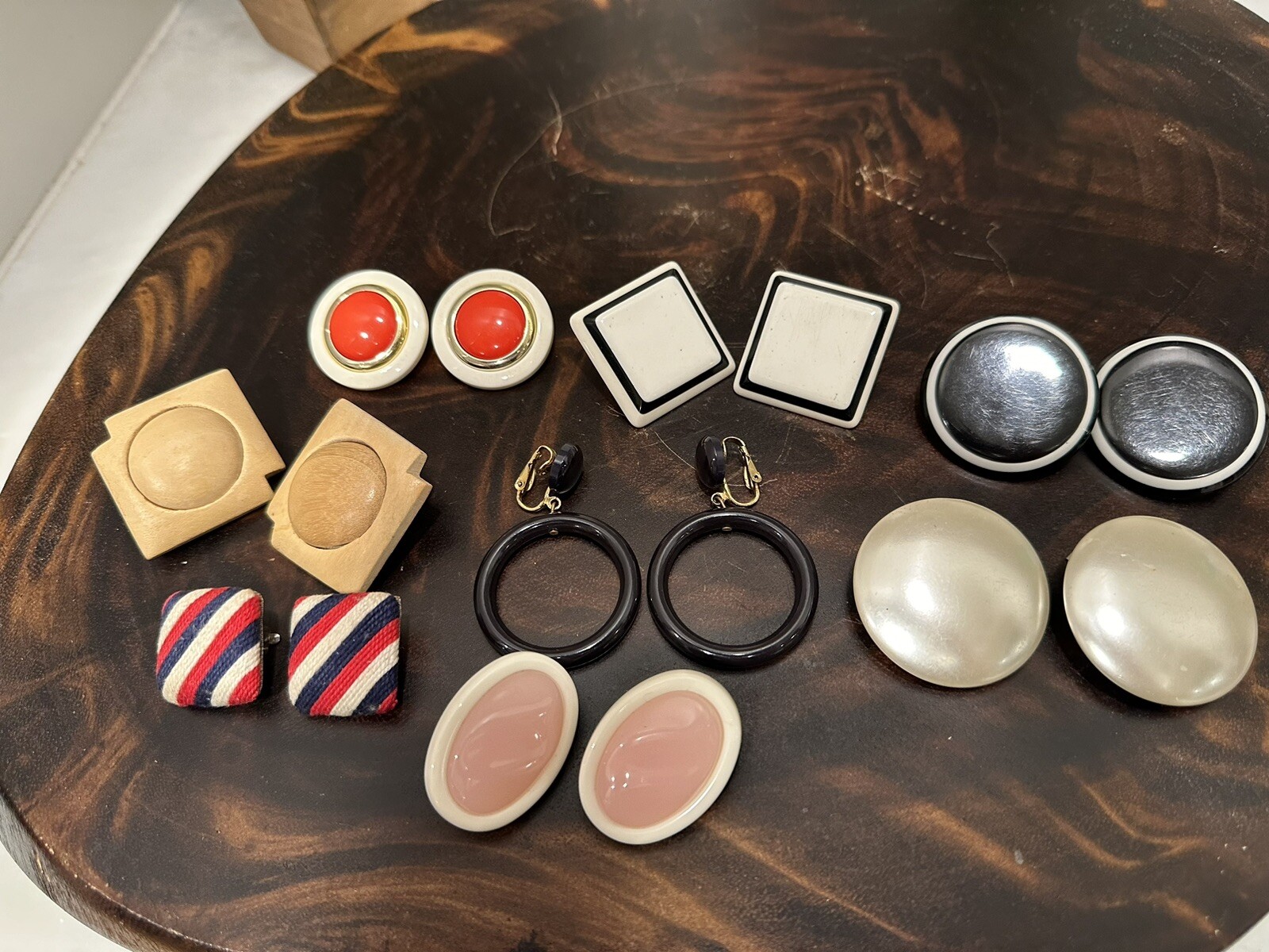 Vintage 60’s-80’s Mod Disc Lucite Resin Wood Clip On Earring Lot (8 prs)