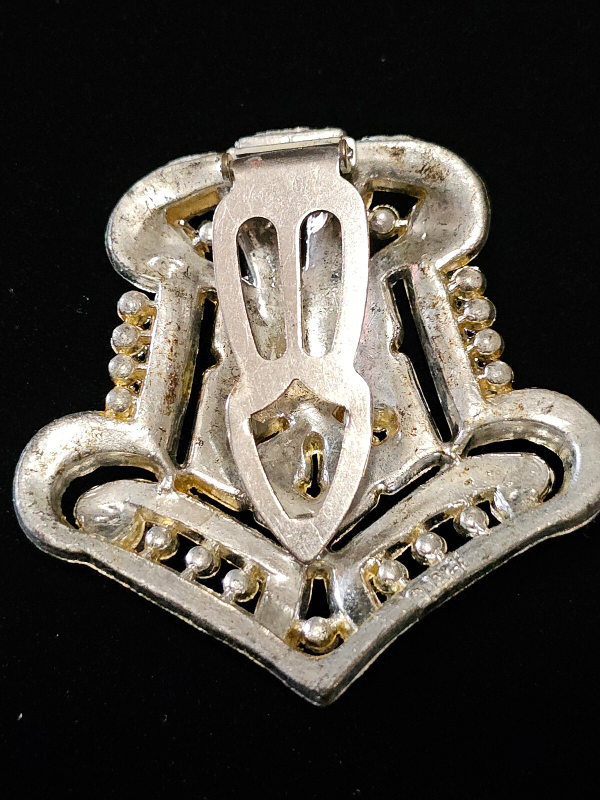 Big Vtg 1930s Pot Metal Signed PJC Green Glass Rhinestone Deco Dress Clip Brooch