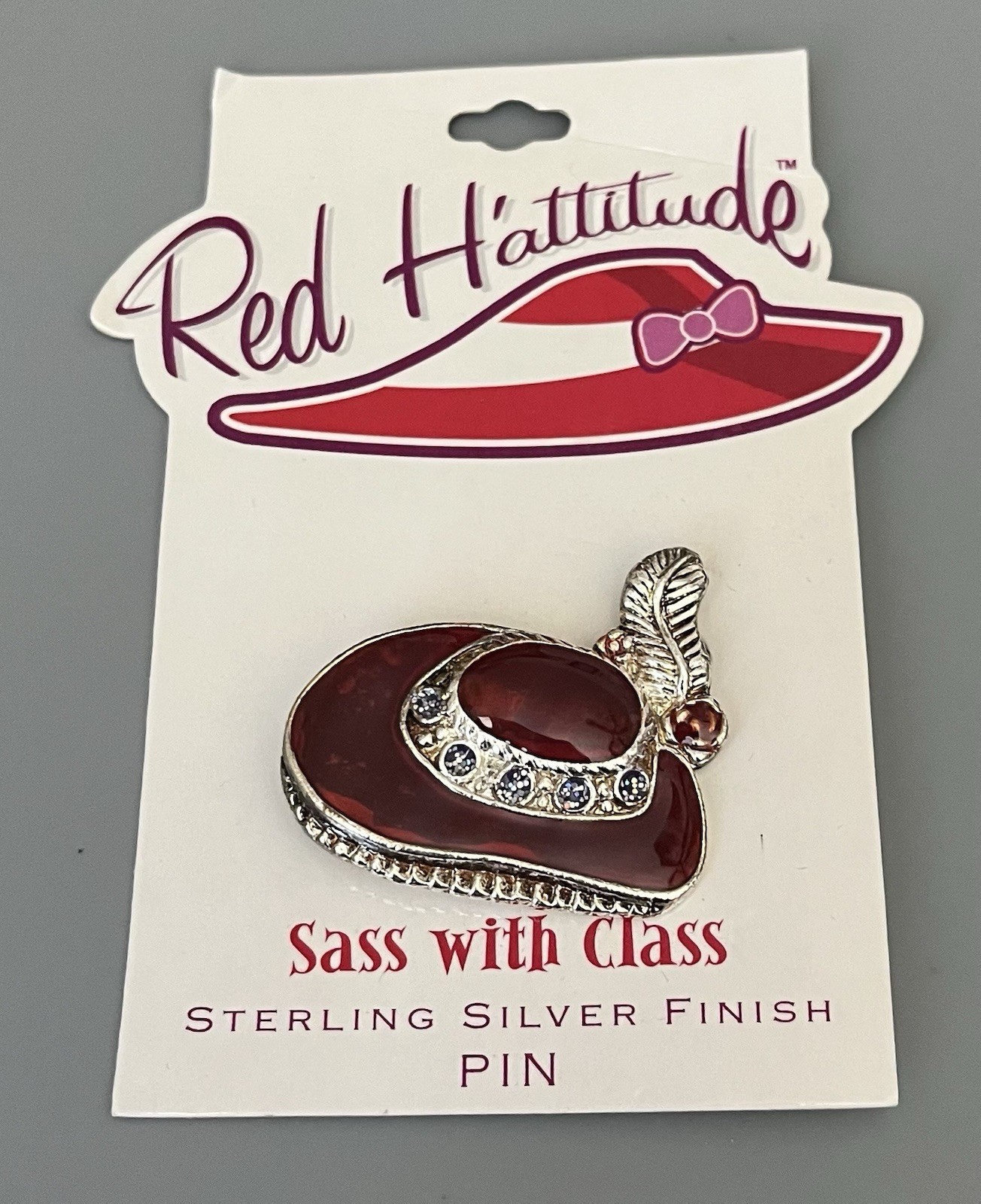 Red Hat Society Brooch Red Enamel “Sass With Class” Sterling Silver Finish New