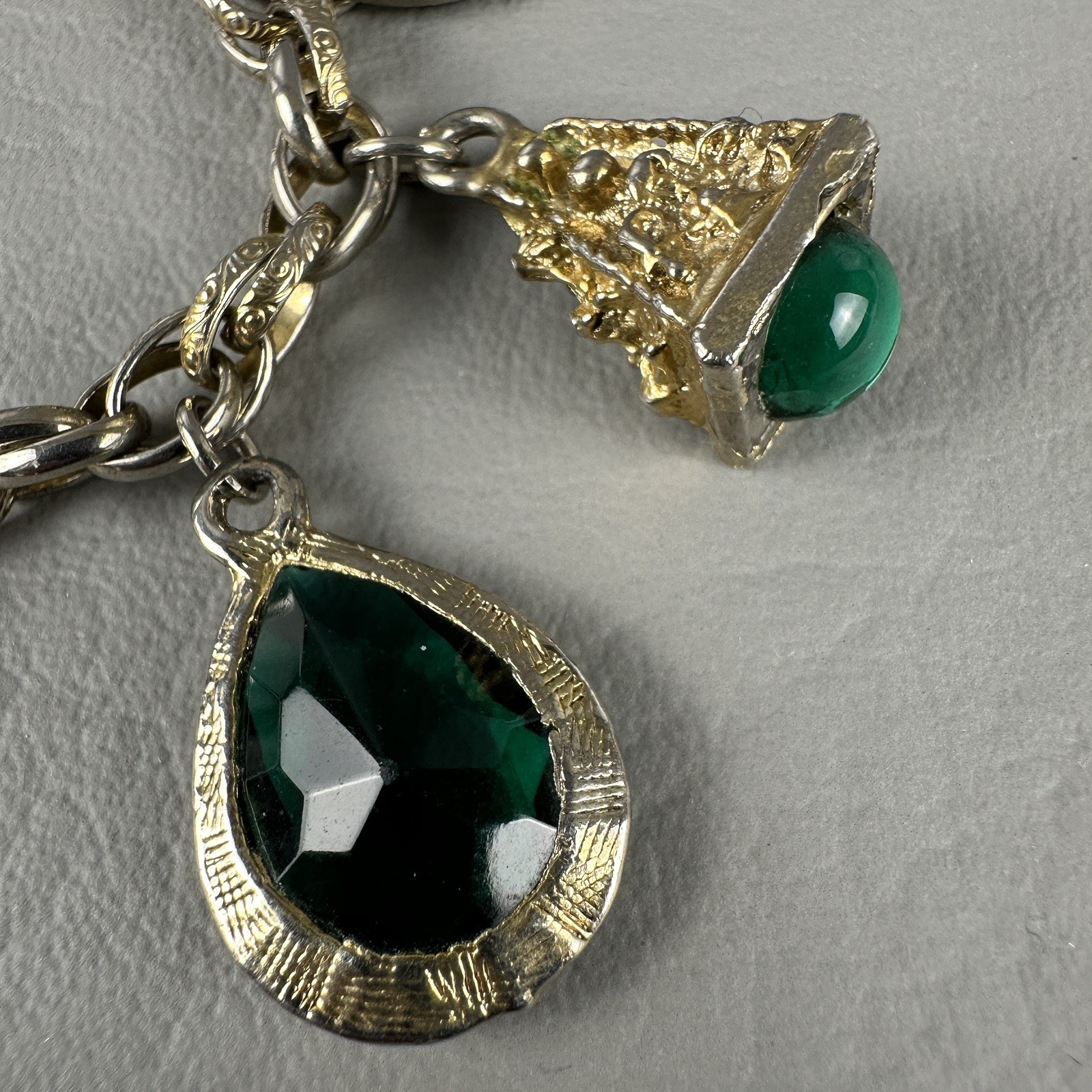 Vintage Charm Bracelet Gold Tone Glass Charms South Africa Coin 6.5″
