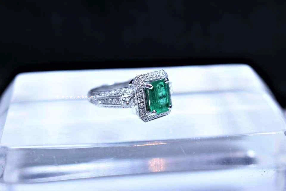 Features A Stunning Emerald Cut Emerald With Old European Cut CZ Classic Ring FN