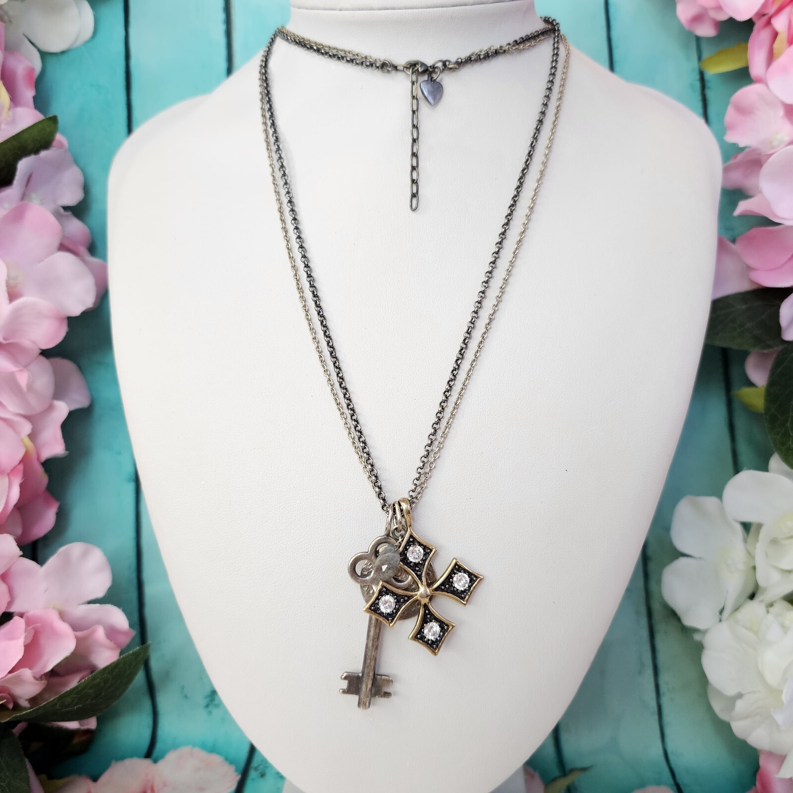 STELLA & DOT Silver Tone Key Cross Charm Pendant Long Chain Necklace