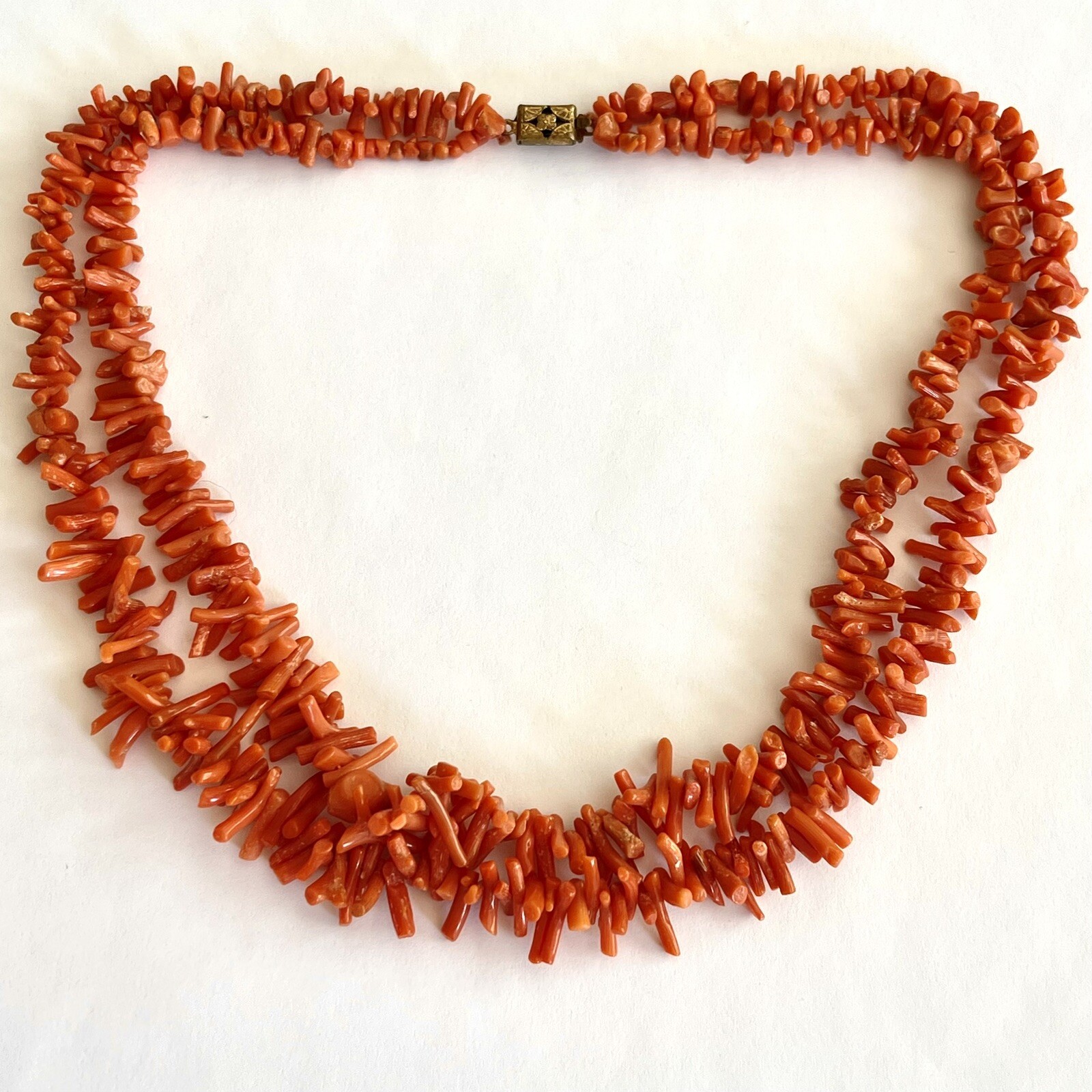 Antique Red Orange Branch Coral Necklace 2 Strand Natural 17in 44g VTG Art Deco