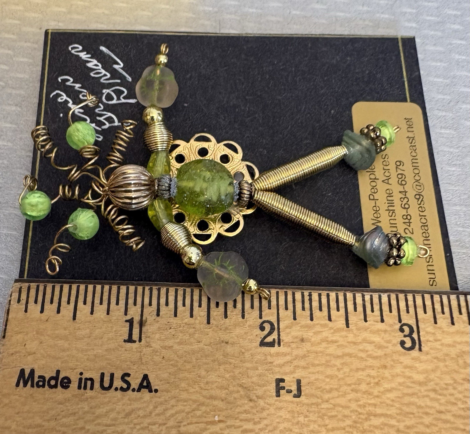 Artisan Handmade Posable Brooch Wee People Beaded Articulated Lime Green Dream
