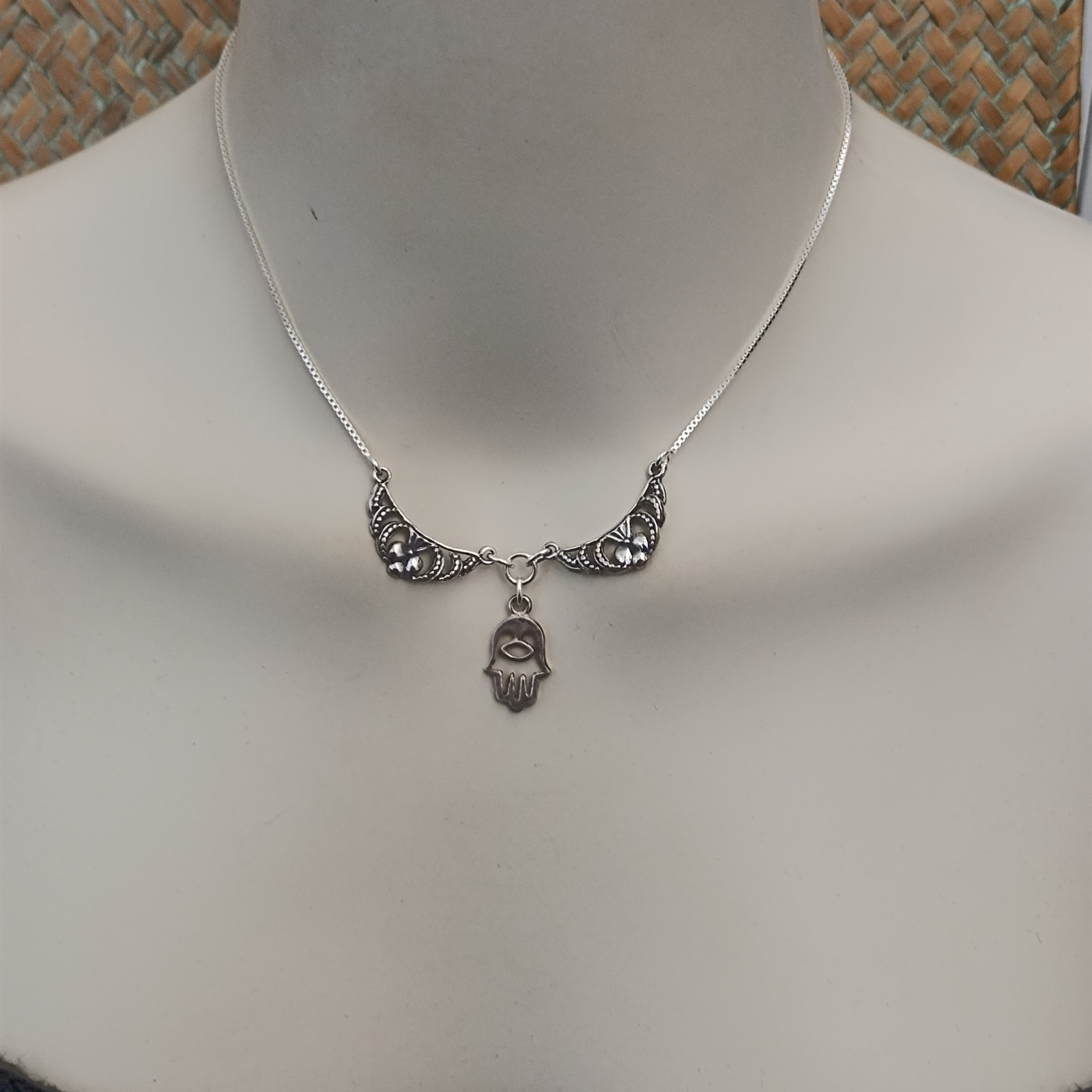 Sterling Silver Hamsa Necklace Hand of Fatima Vintage Ethnic Bib Spiritual Gift
